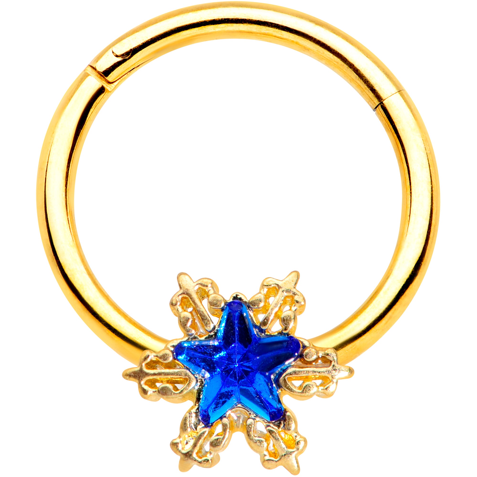 16G 3/8 Blue Gem Gold Tone Star Hinged Segment Ring