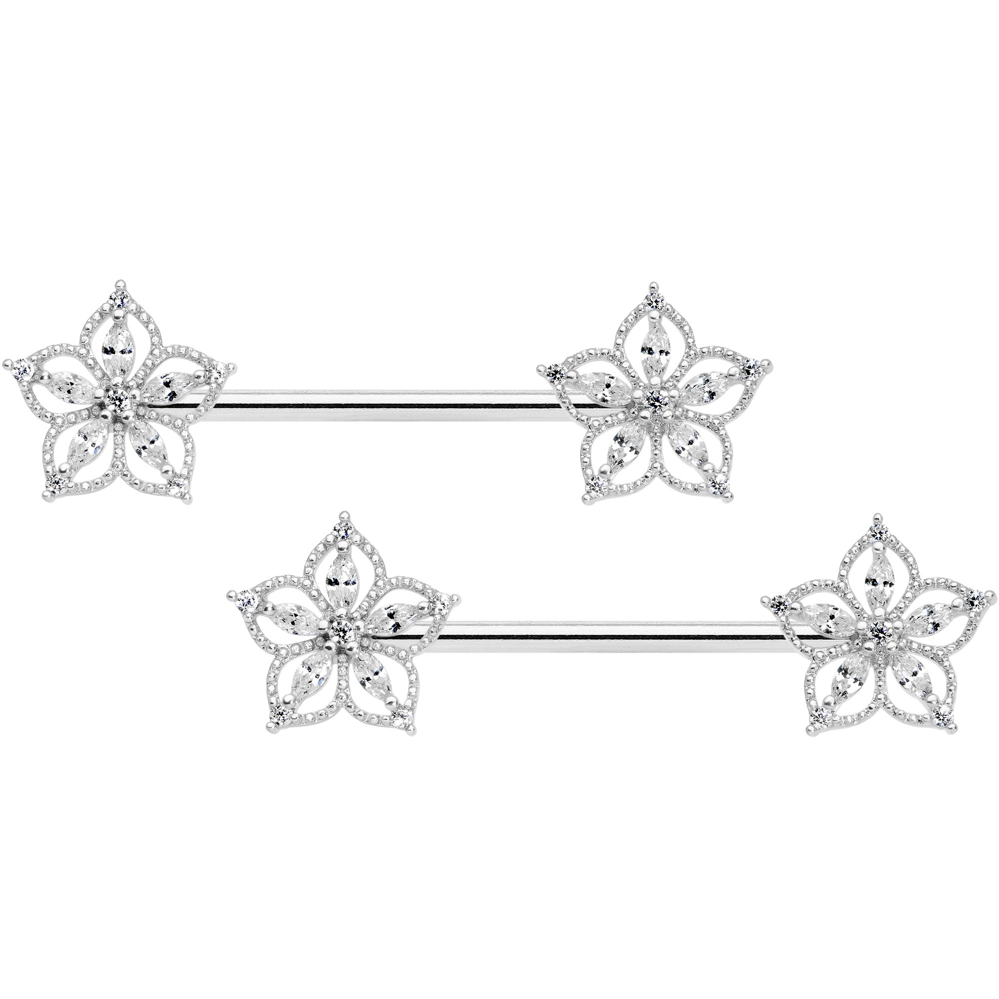14G 9/16 Clear CZ Gem Airy Flower Barbell Nipple Ring Set