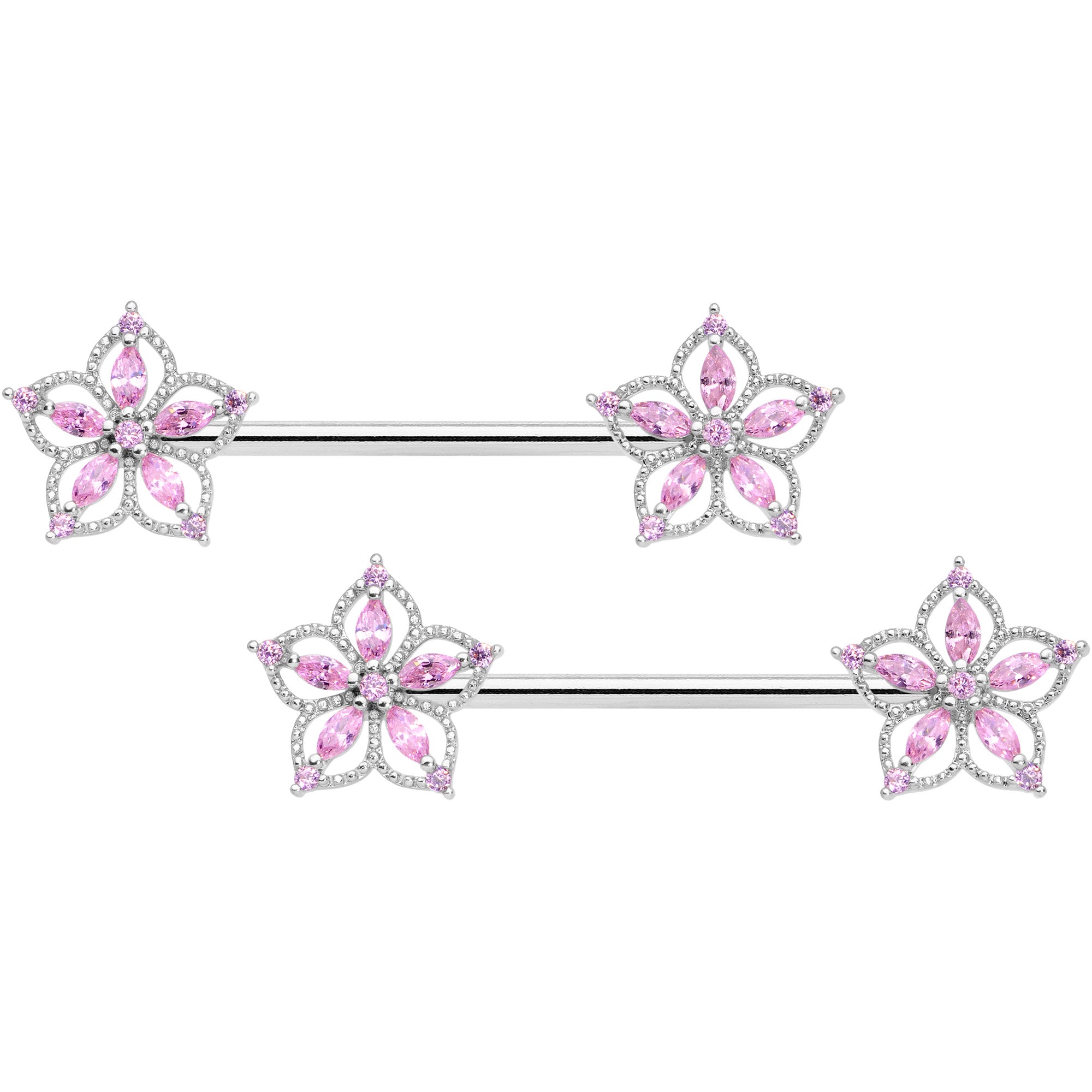 14G 9/16 Pink CZ Gem Airy Flower Barbell Nipple Ring Set