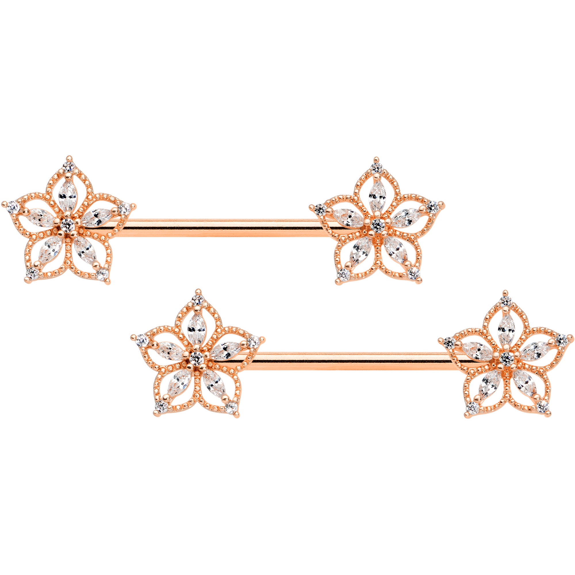 14G 9/16 Clear CZ Gem Rose Gold Tone Airy Flower Nipple Ring Set