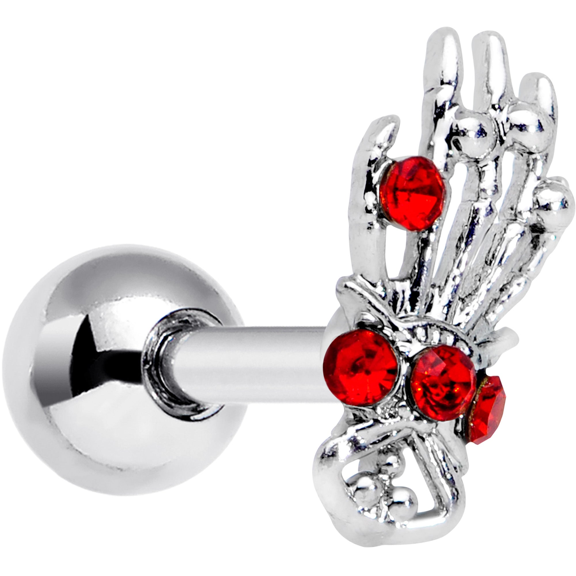 16G 1/4 Red Gem Skeleton Hand Halloween Cartilage Tragus Earring