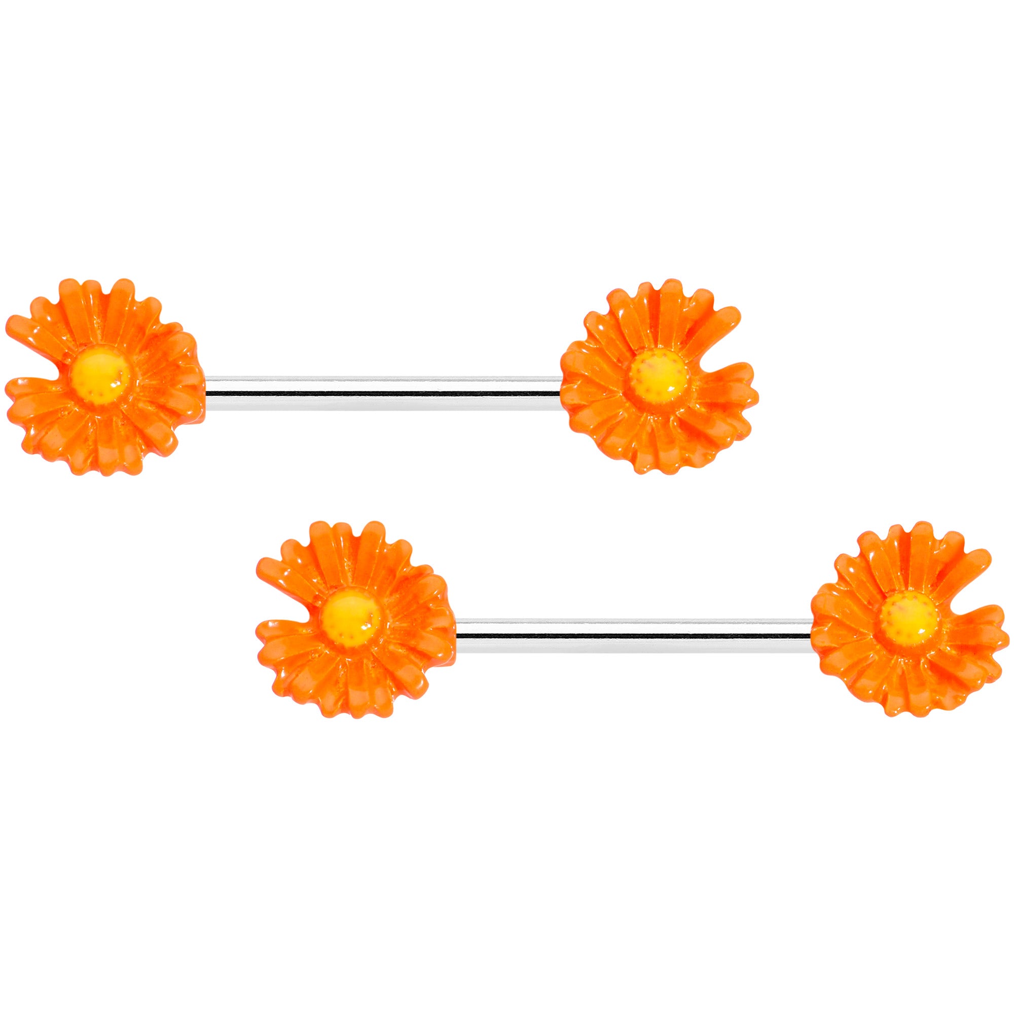 14G 5/8 Orange Flower Barbell Nipple Ring Set