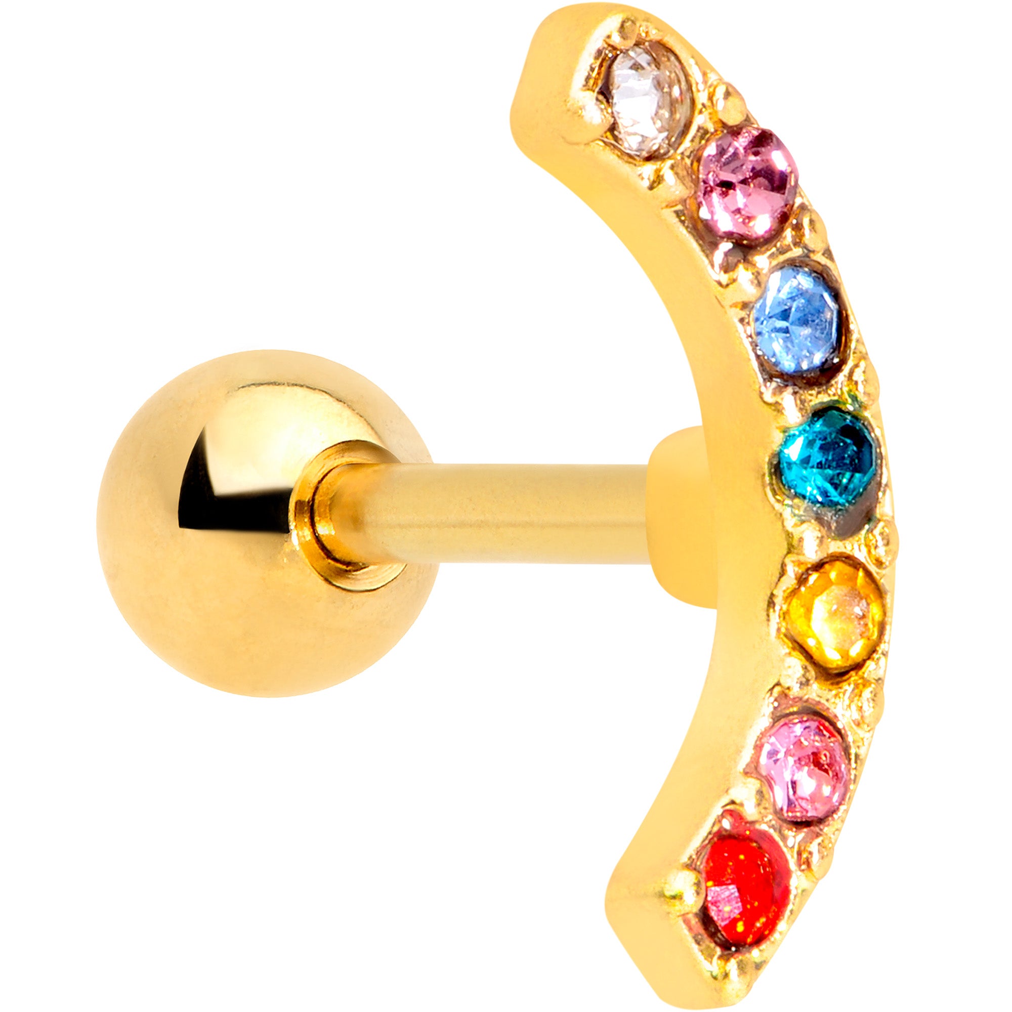 16G 1`/4 Red Blue Gem Gold Tone Rainbow Arc Cartilage Tragus