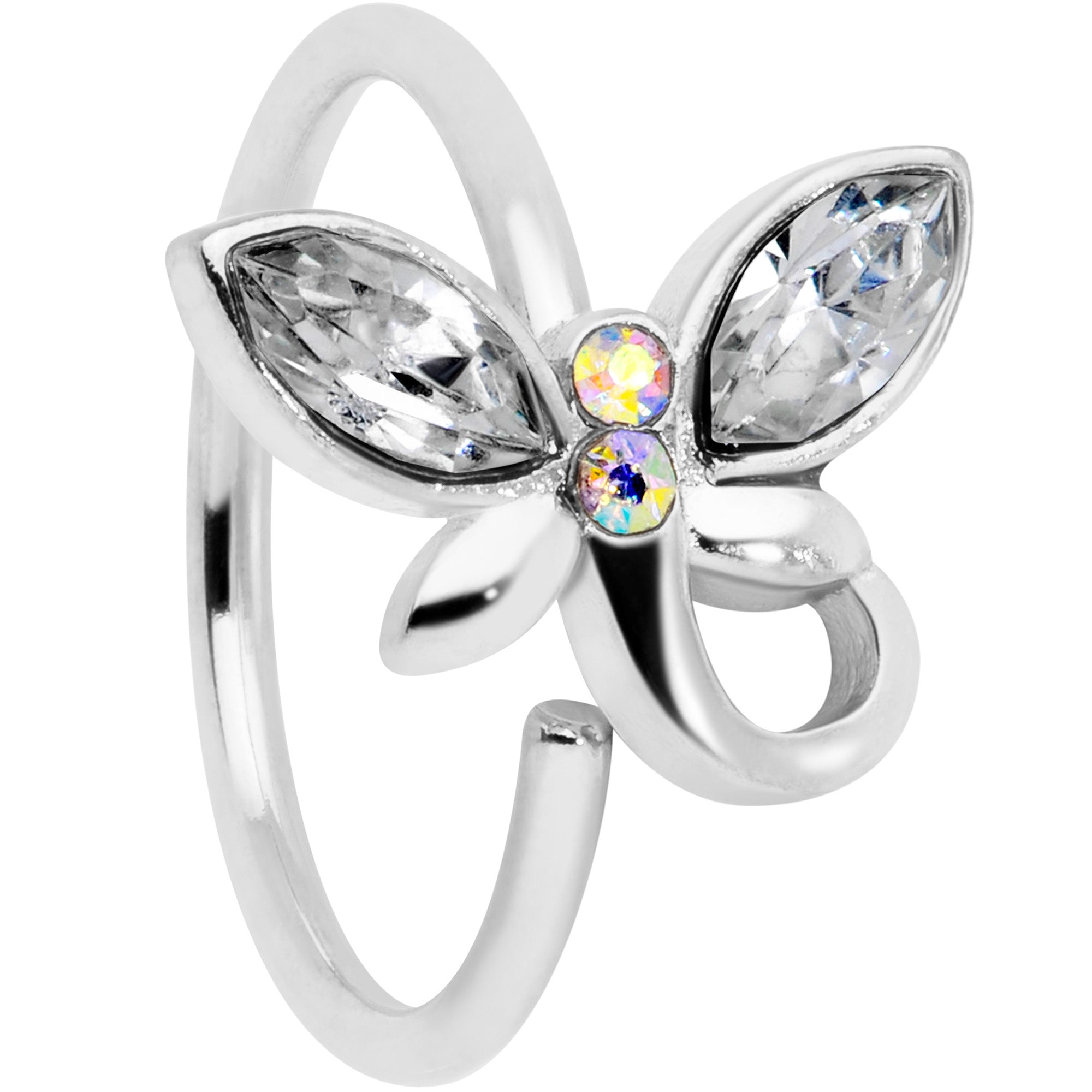 18G 3/8 Clear Aurora Gem Loop Butterfly Nose Hoop