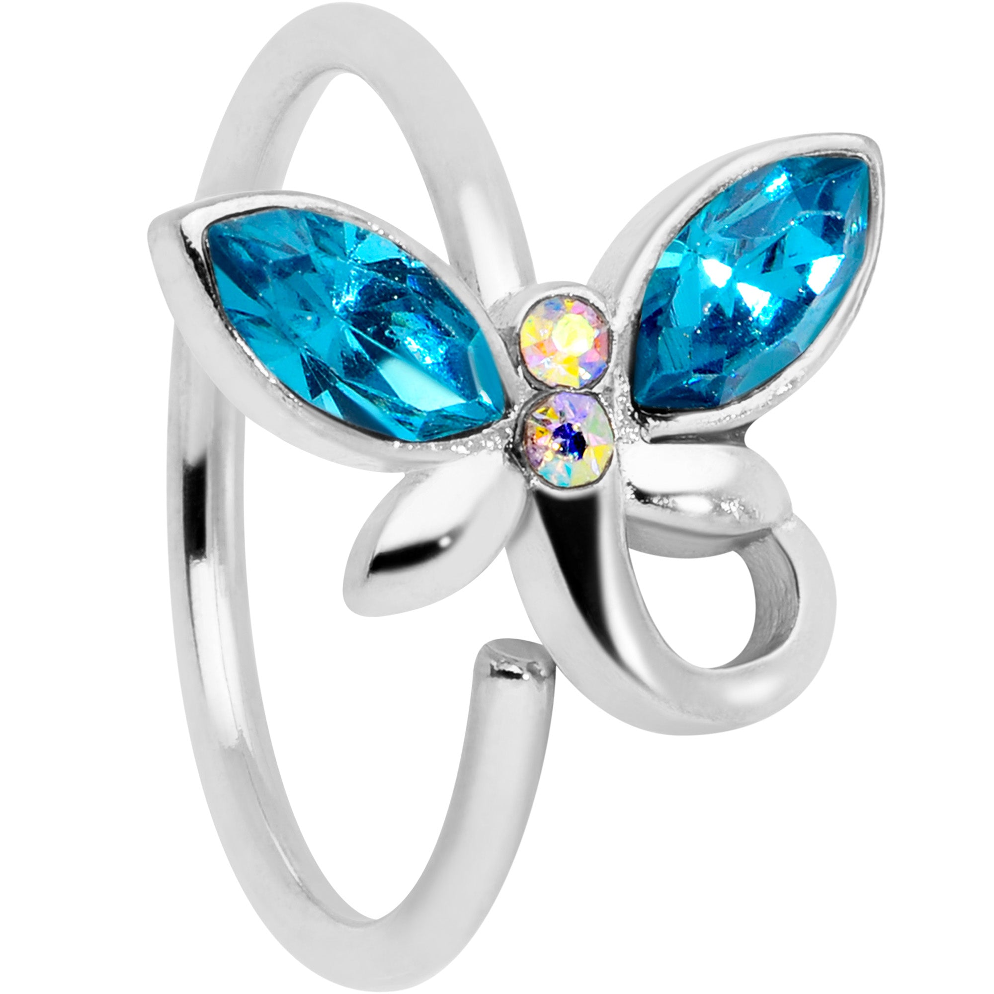18G 3/8 Aqua Aurora Gem Loop Butterfly Nose Hoop