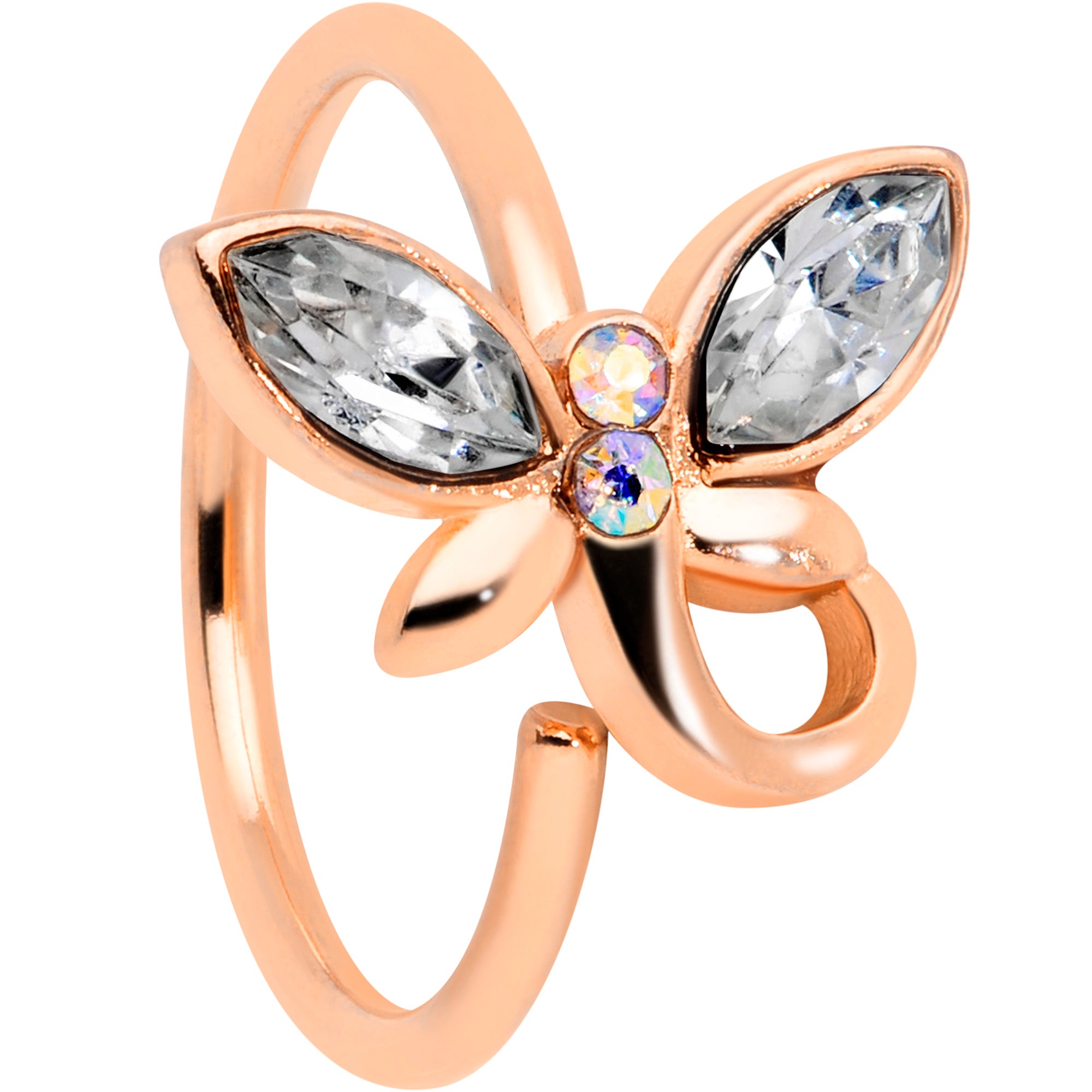18G 3/8 Clear Aurora Gem Rose Gold Tone Loop Butterfly Nose Hoop