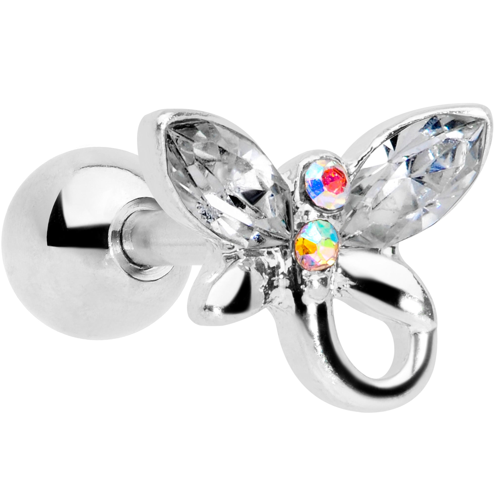 16G 1/4 Clear Aurora Gem Loop Butterfly Cartilage Tragus Earring