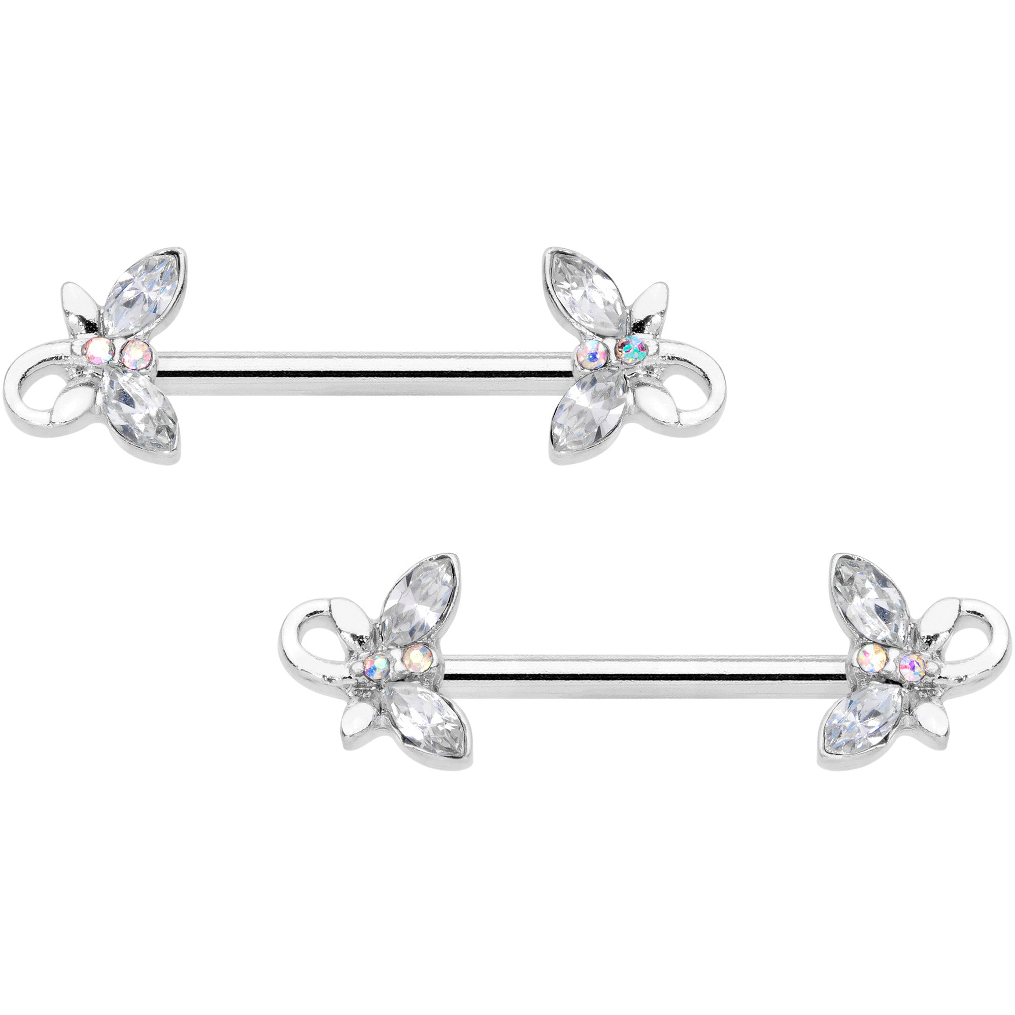 14G 1/2 Clear Aurora Gem Loop Butterfly Barbell Nipple Ring Set