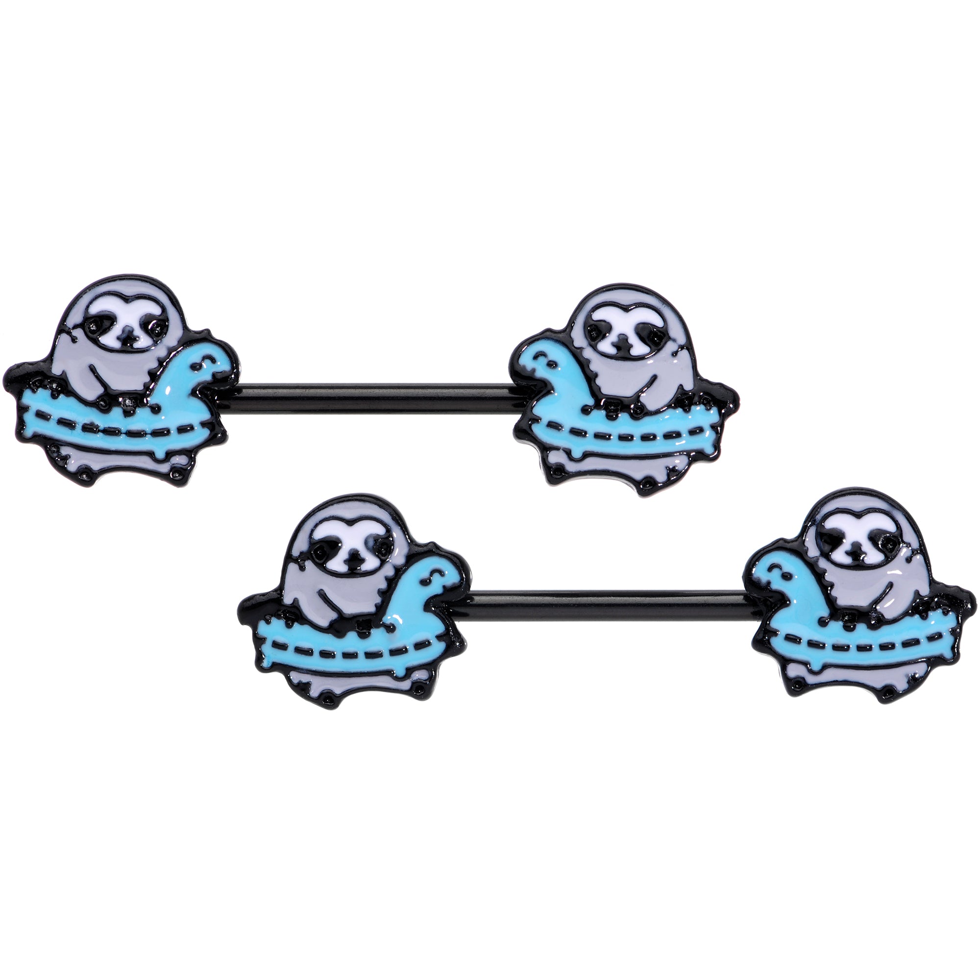 14G 9/16 Black Swimming Sloth Barbell Nipple Ring Set