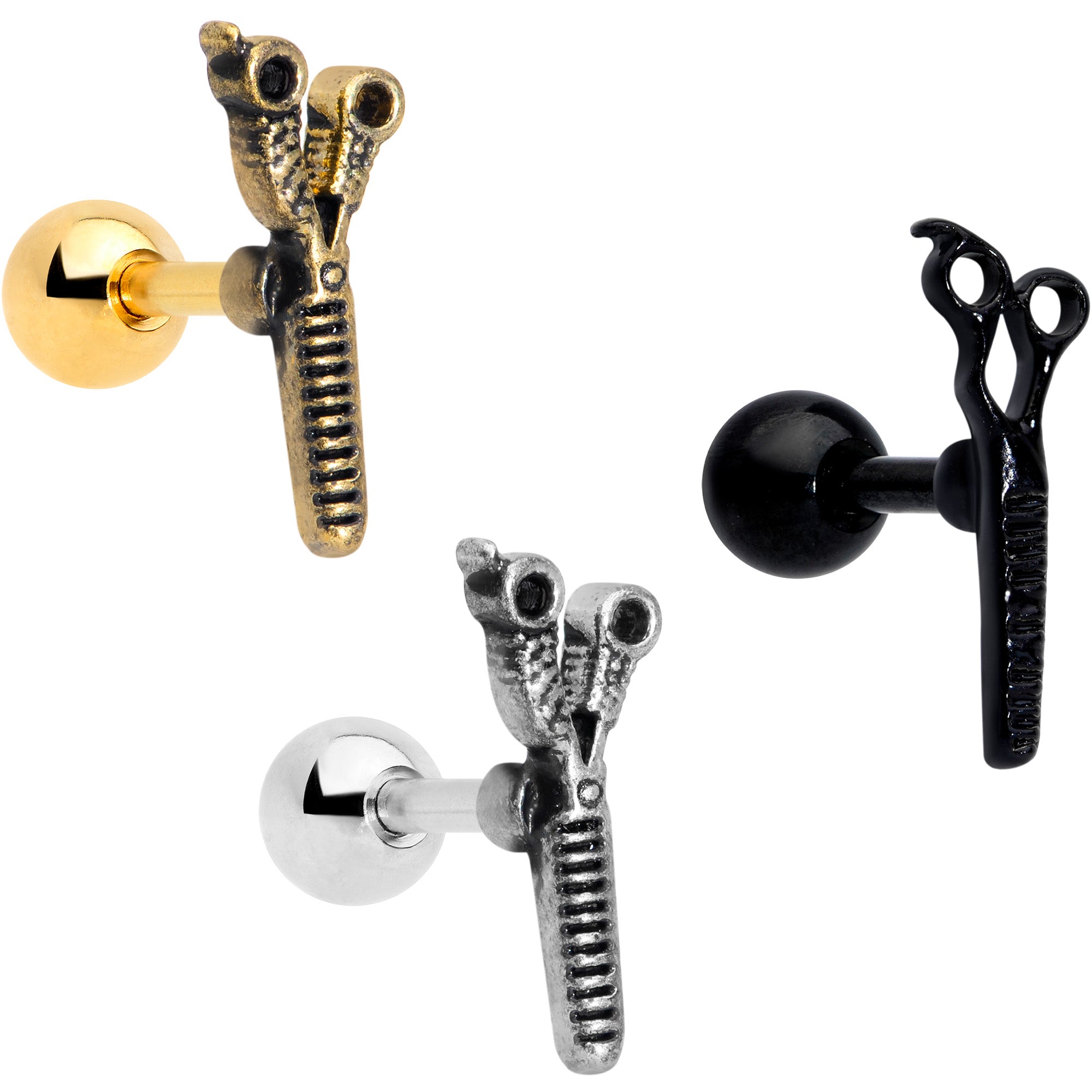 16G 1/4 Black Gold Tone Scissors Hair Cartilage Tragus Set of 3