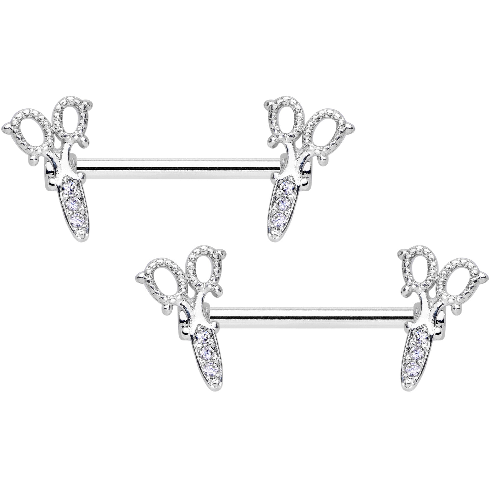 14G 9/16 Clear Gem Elegant Scissors Barbell Nipple Ring Set