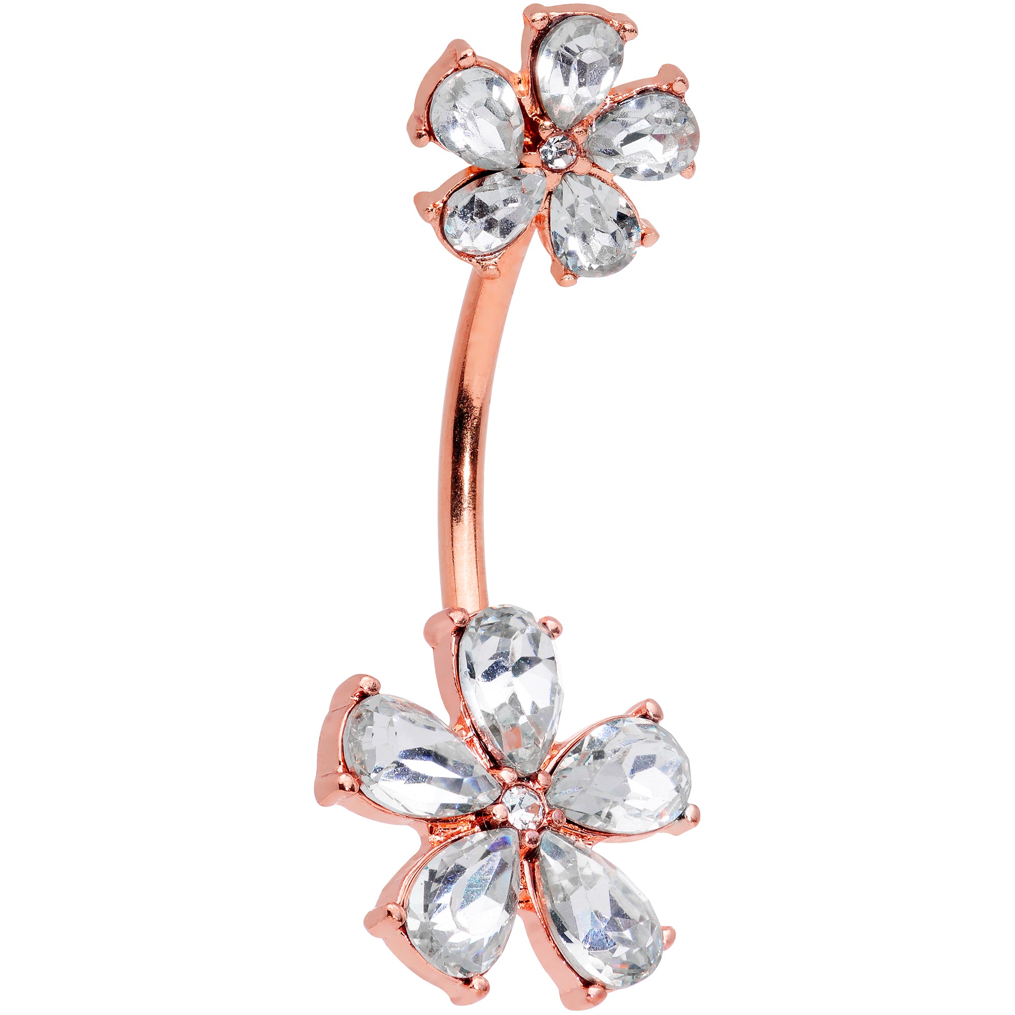 Clear Gem Rose Gold Tone Fabulous Flowers Double Mount Belly Ring