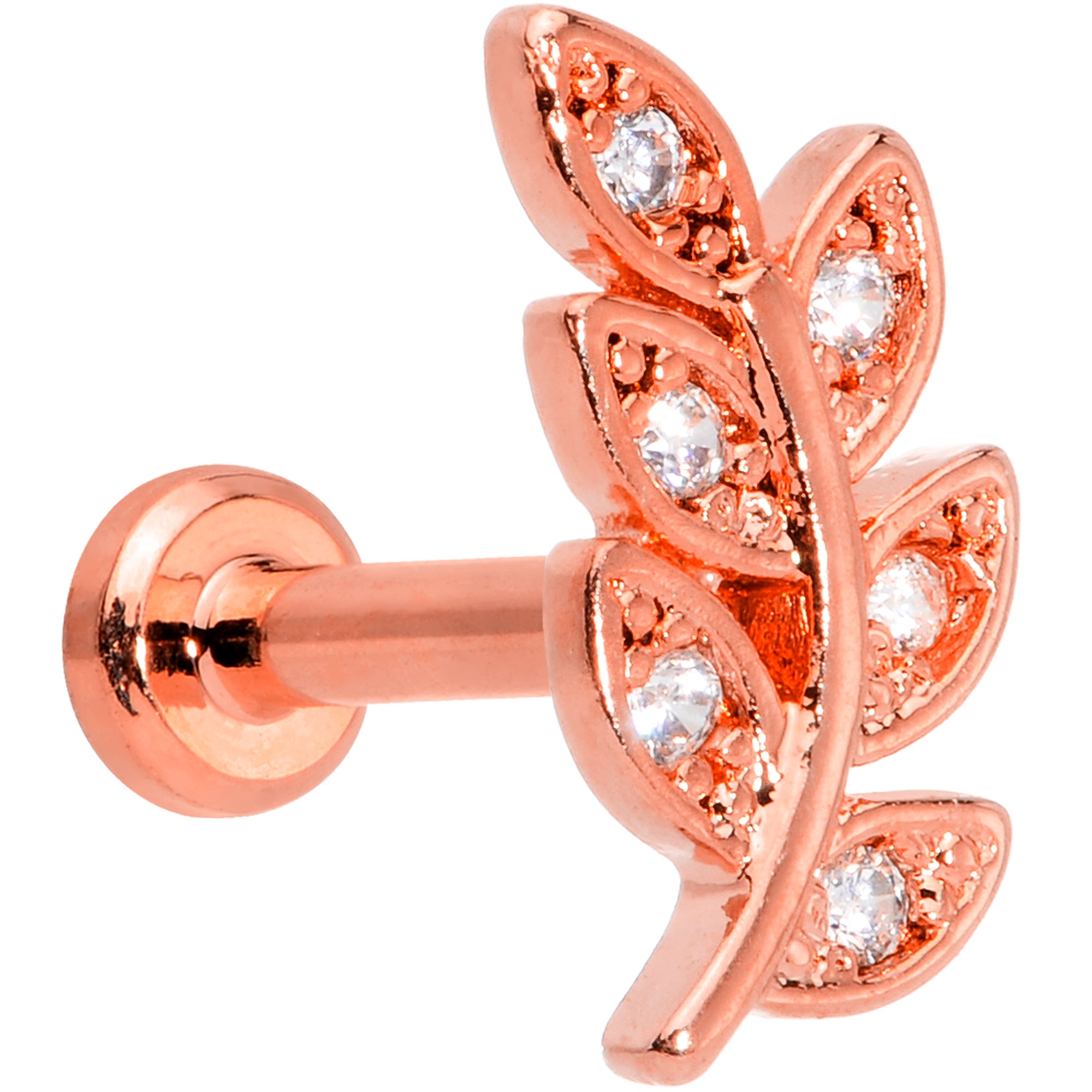 16G 1/4 Clear CZ Gem Rose Gold Tone Leaf Internal Thread Labret