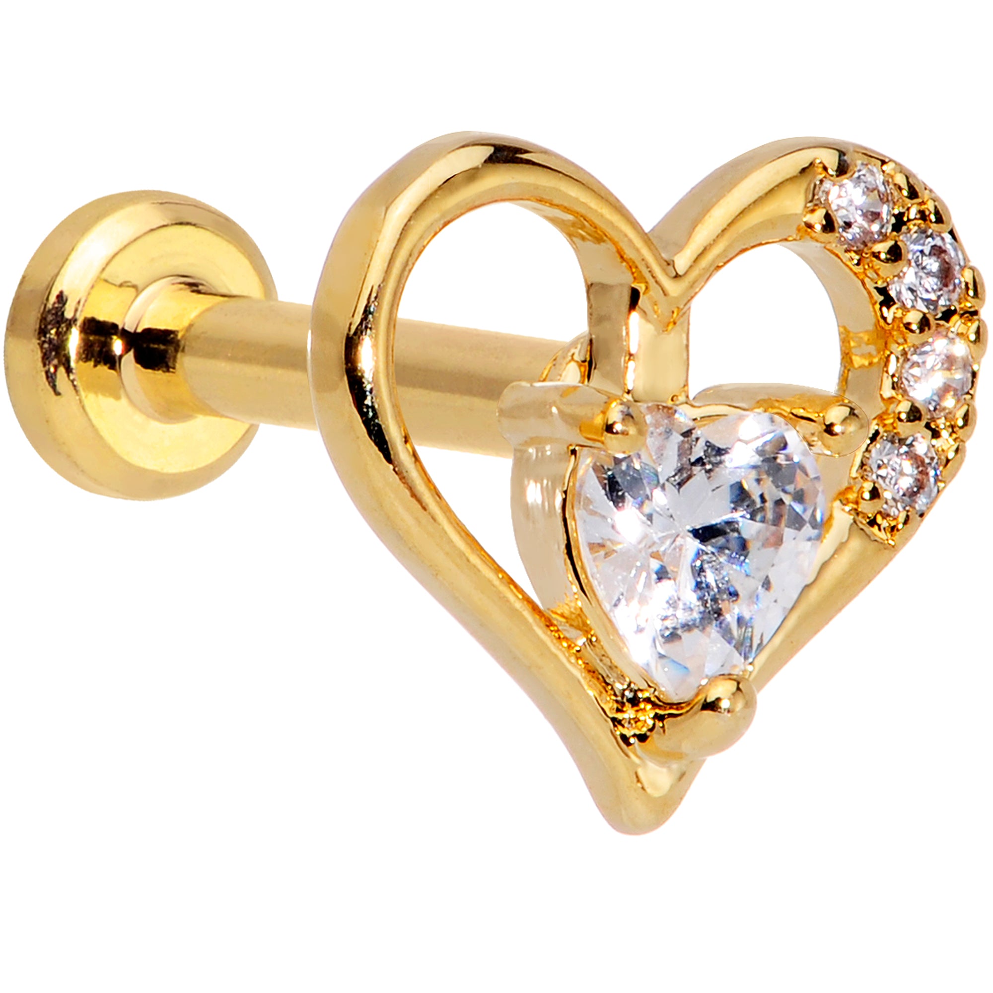 16G 1/4 Clear CZ Gem Gold Tone Heart Internally Threaded Labret
