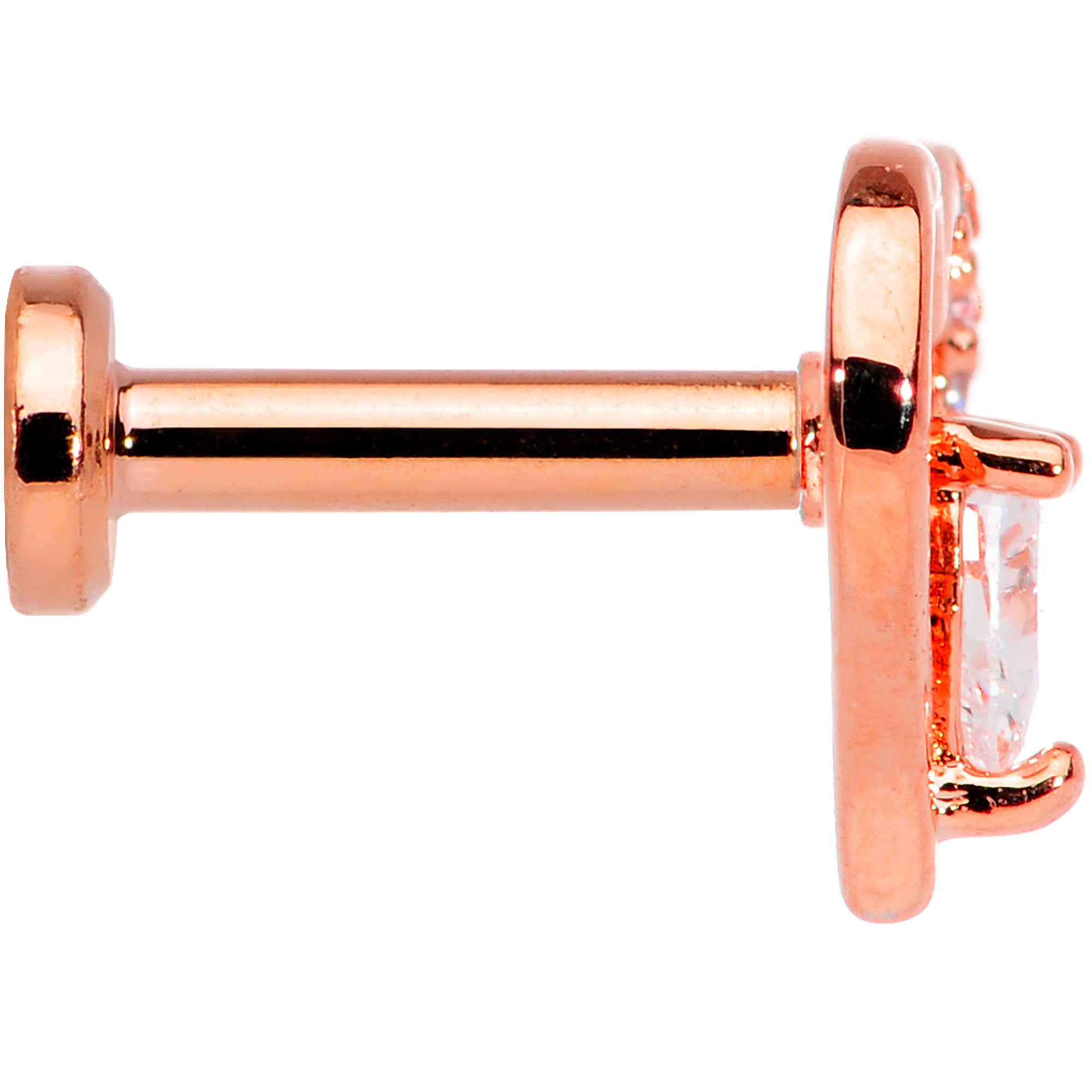 16G 1/4 Clear CZ Gem Rose Gold Hue Heart Internal Thread Labret