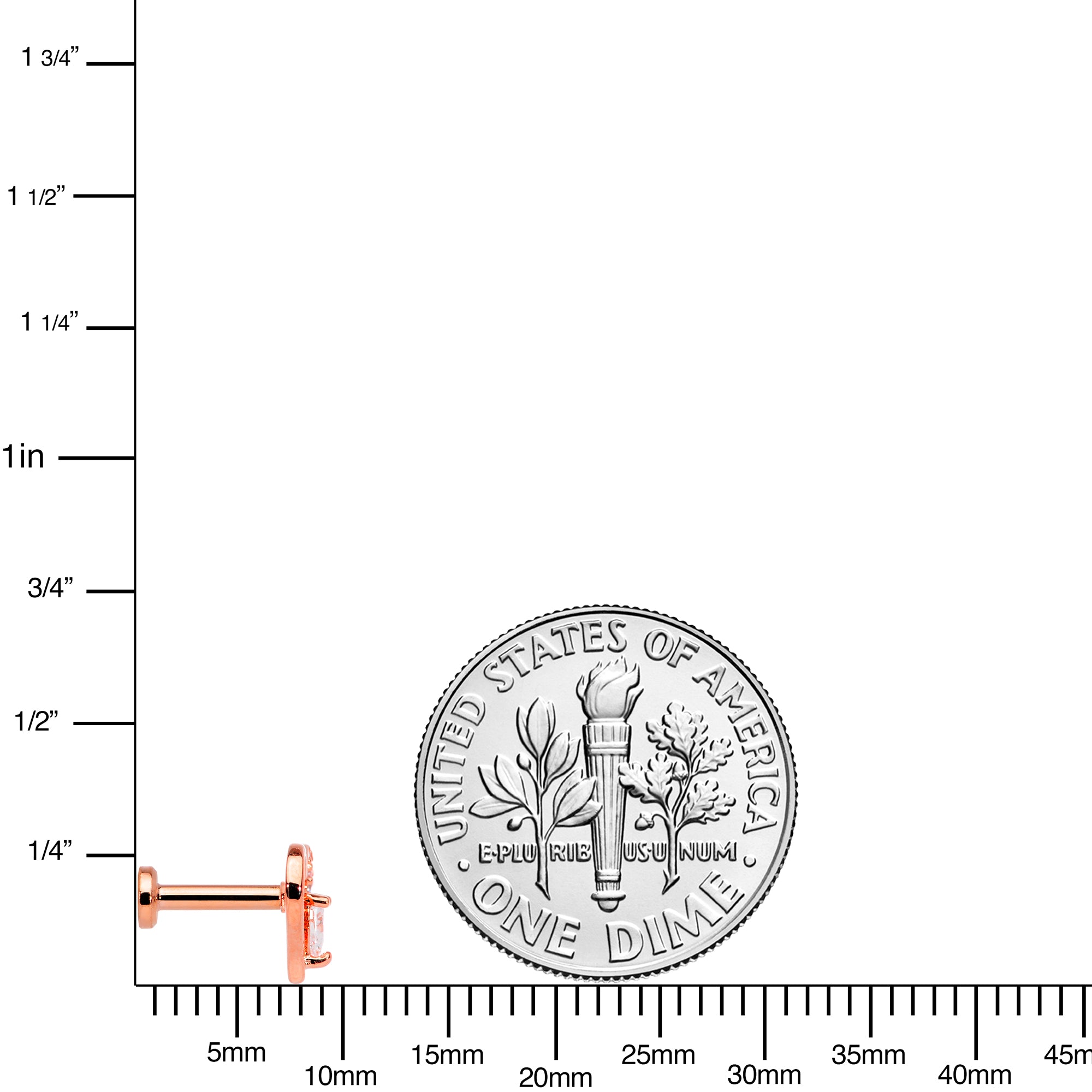 16G 1/4 Clear CZ Gem Rose Gold Hue Heart Internal Thread Labret