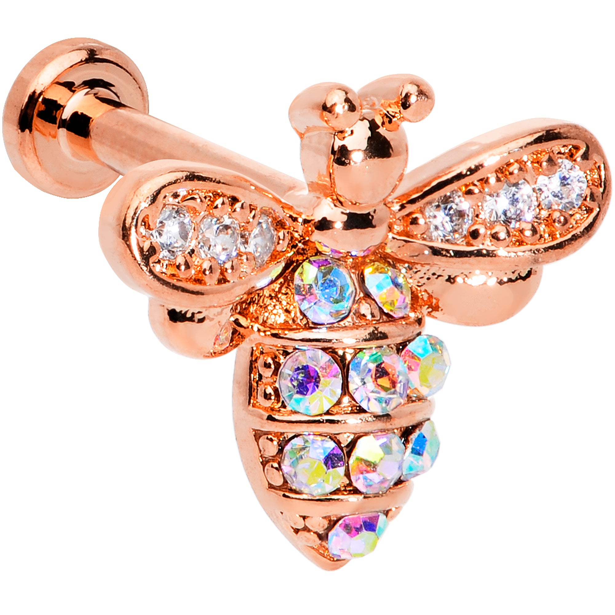 16G 1/4 Aurora CZ Gem Rose Gold Hue Bee Internal Thread Labret