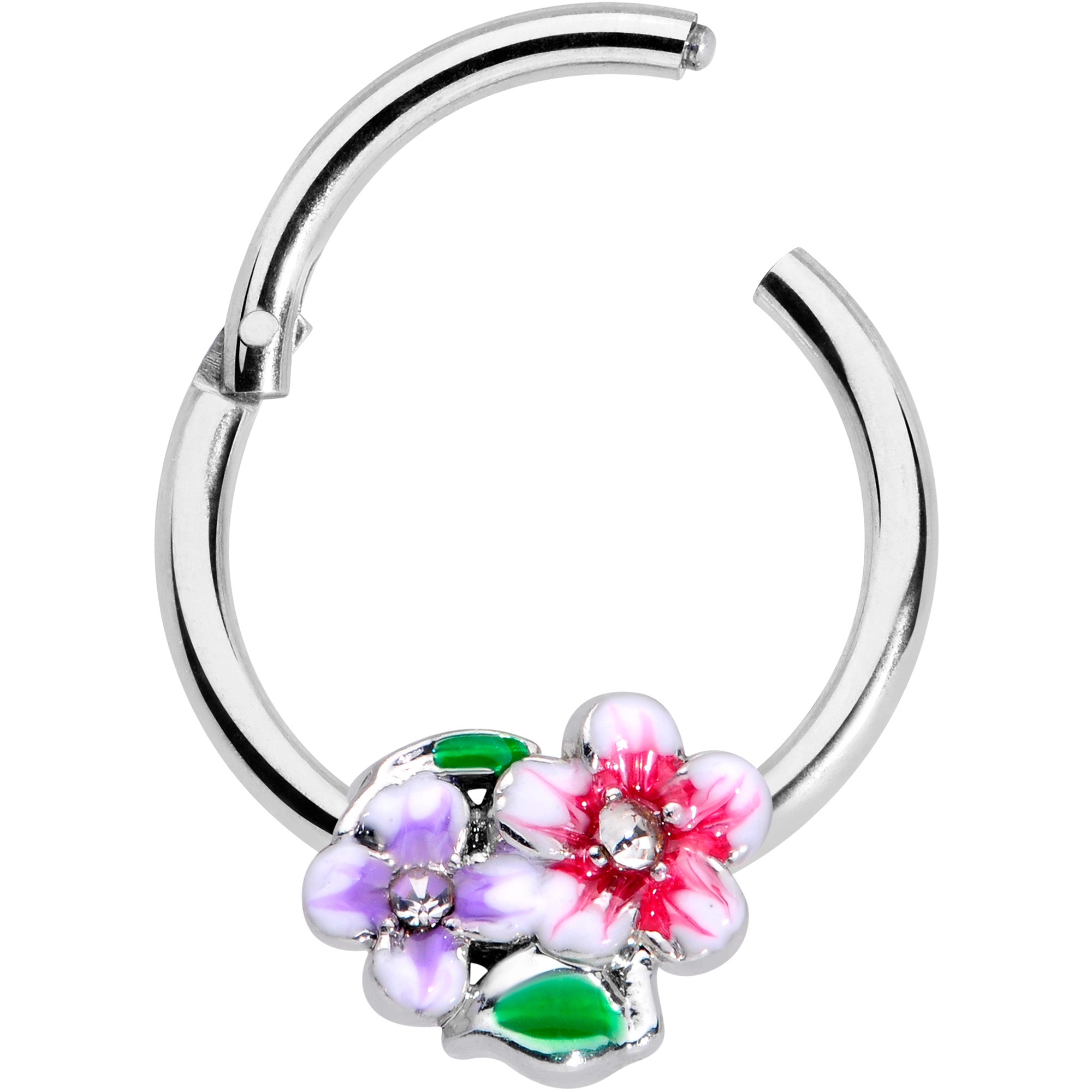 16G 3/8 Clear Gem Fanciful Flowers Hinged Segment Ring