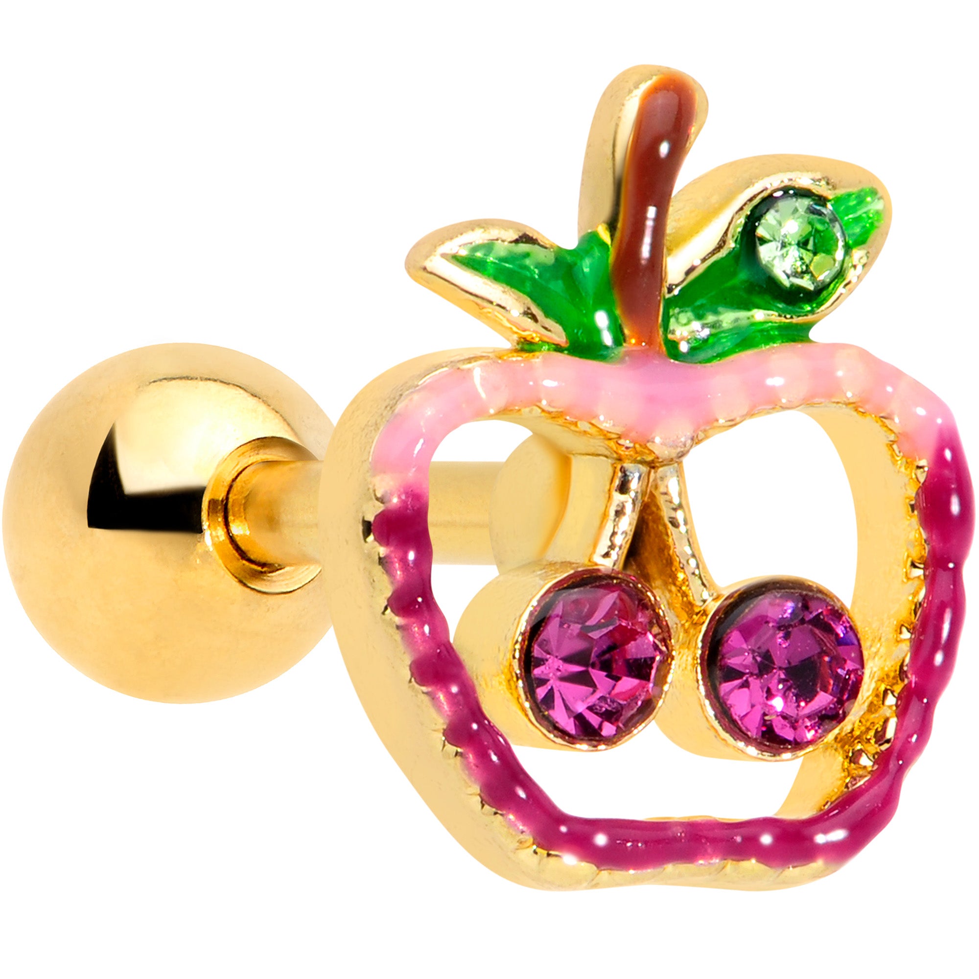 16G 1/4 Purple Pink Gem Gold Tone Cherry Apple Cartilage Tragus