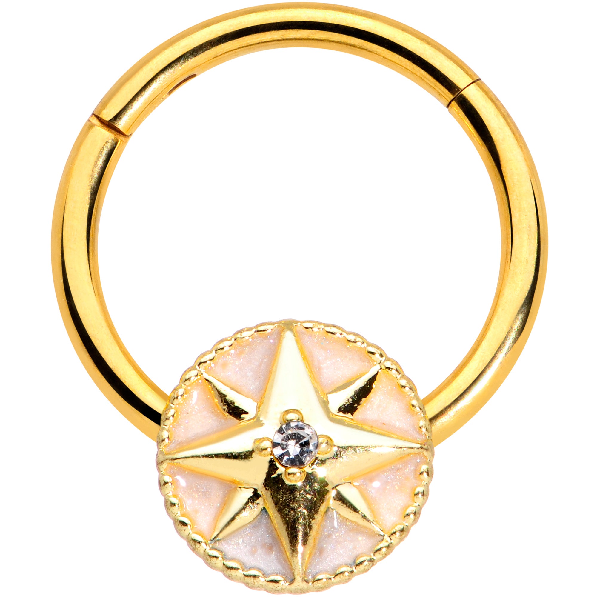 16G 3/8 Clear Gem Gold Tone Sailors Compass Hinged Segment Ring