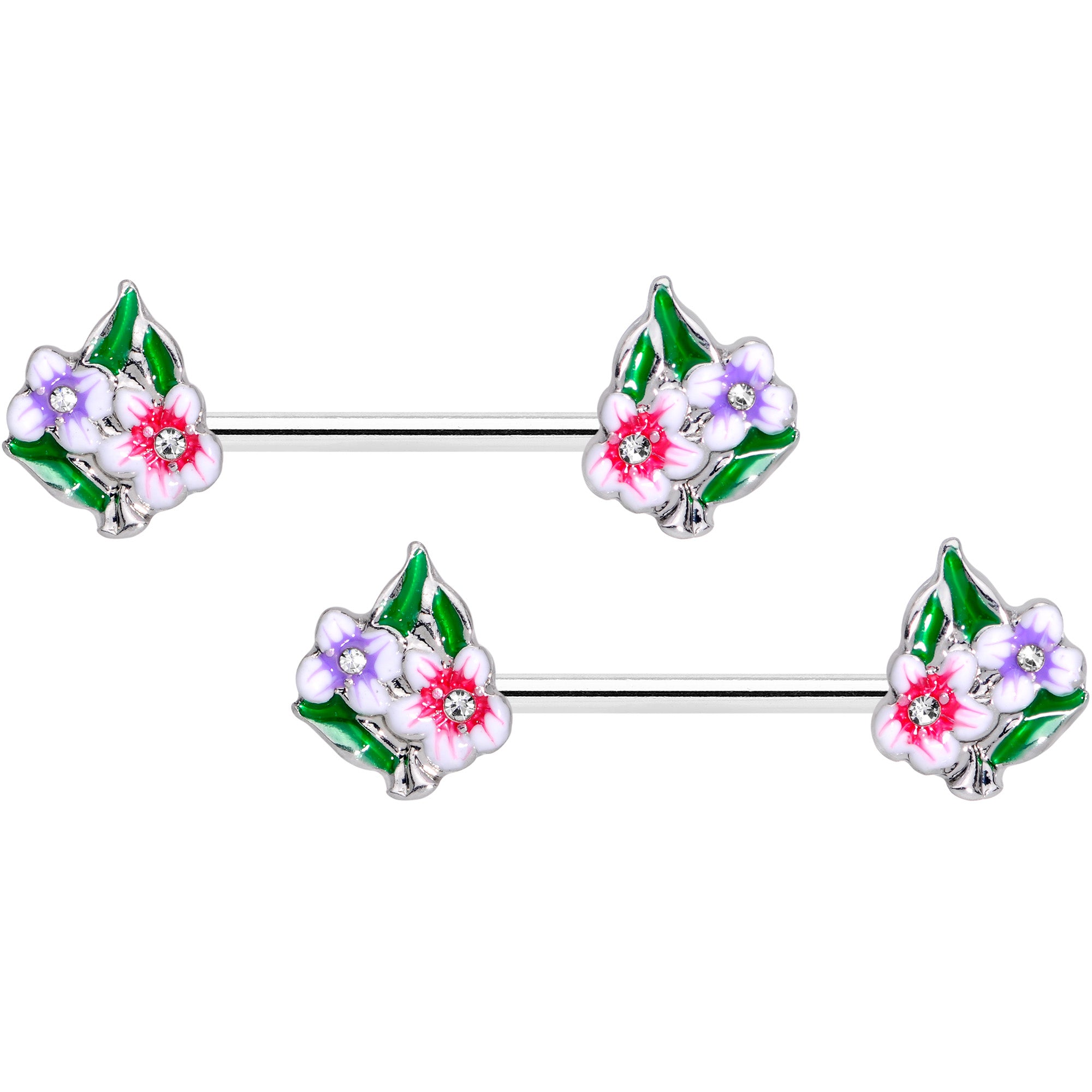 14G 9/16 Clear Gem Fanciful Flowers Barbell Nipple Ring Set