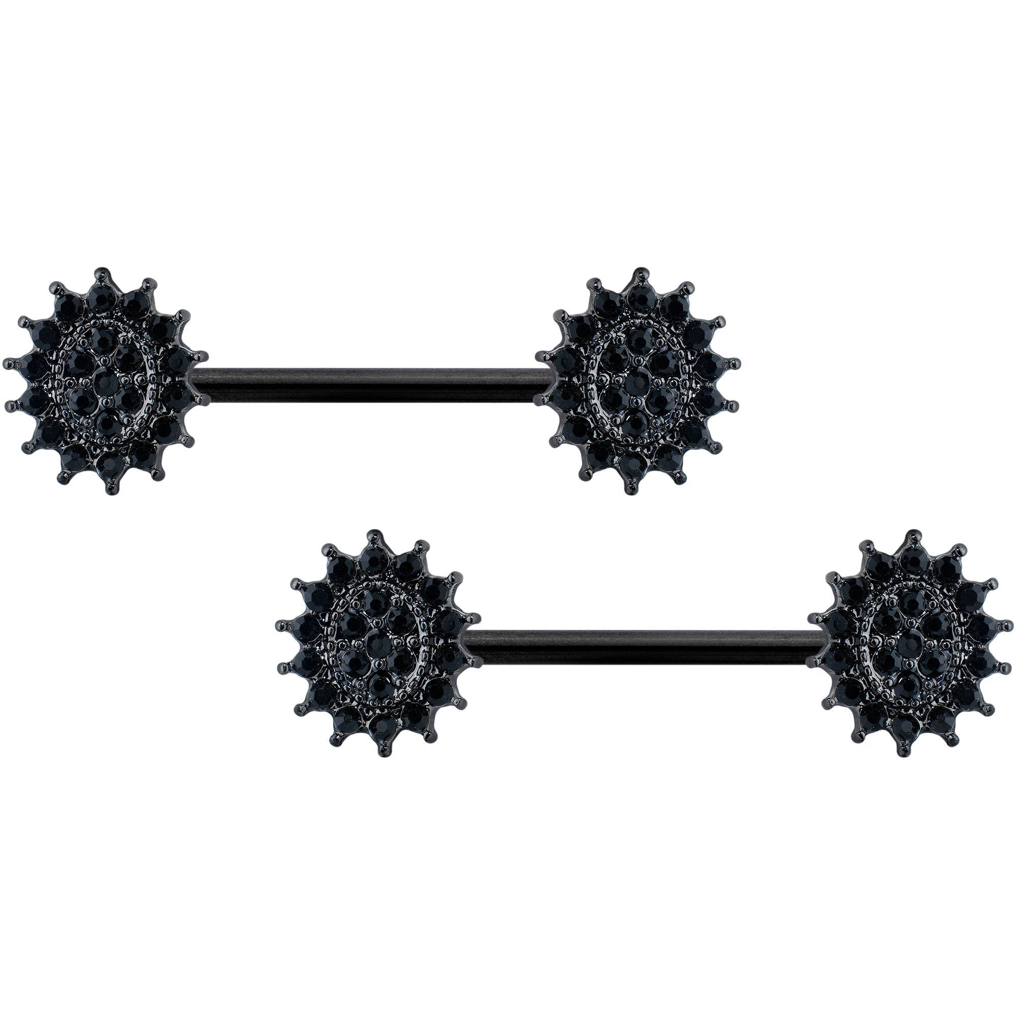 14G 5/8 Black Gem Black Oval Sunburst Barbell Nipple Ring Set