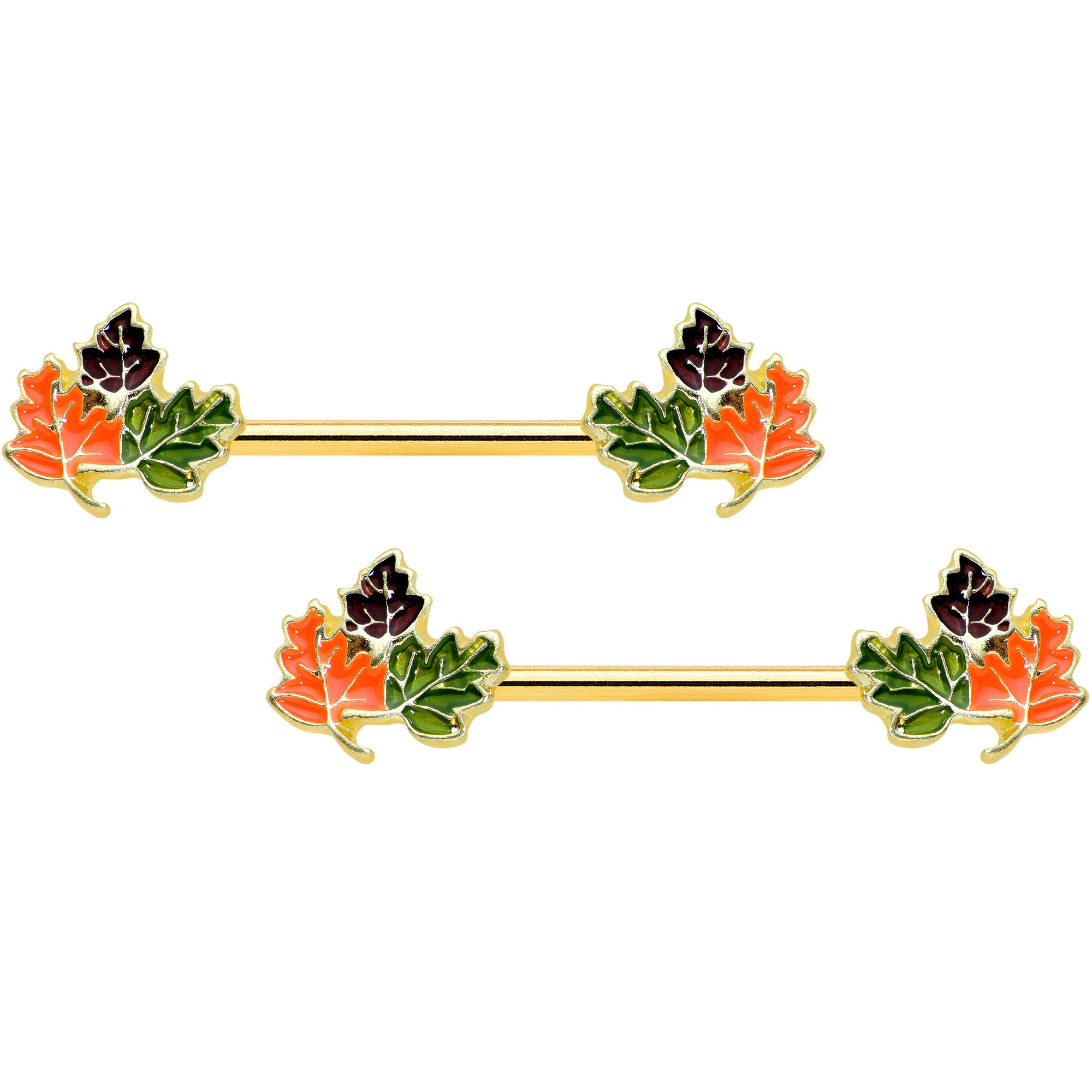 14G 9/16 Gold Tone Lovely Autumn Leaves Barbell Nipple Ring Set