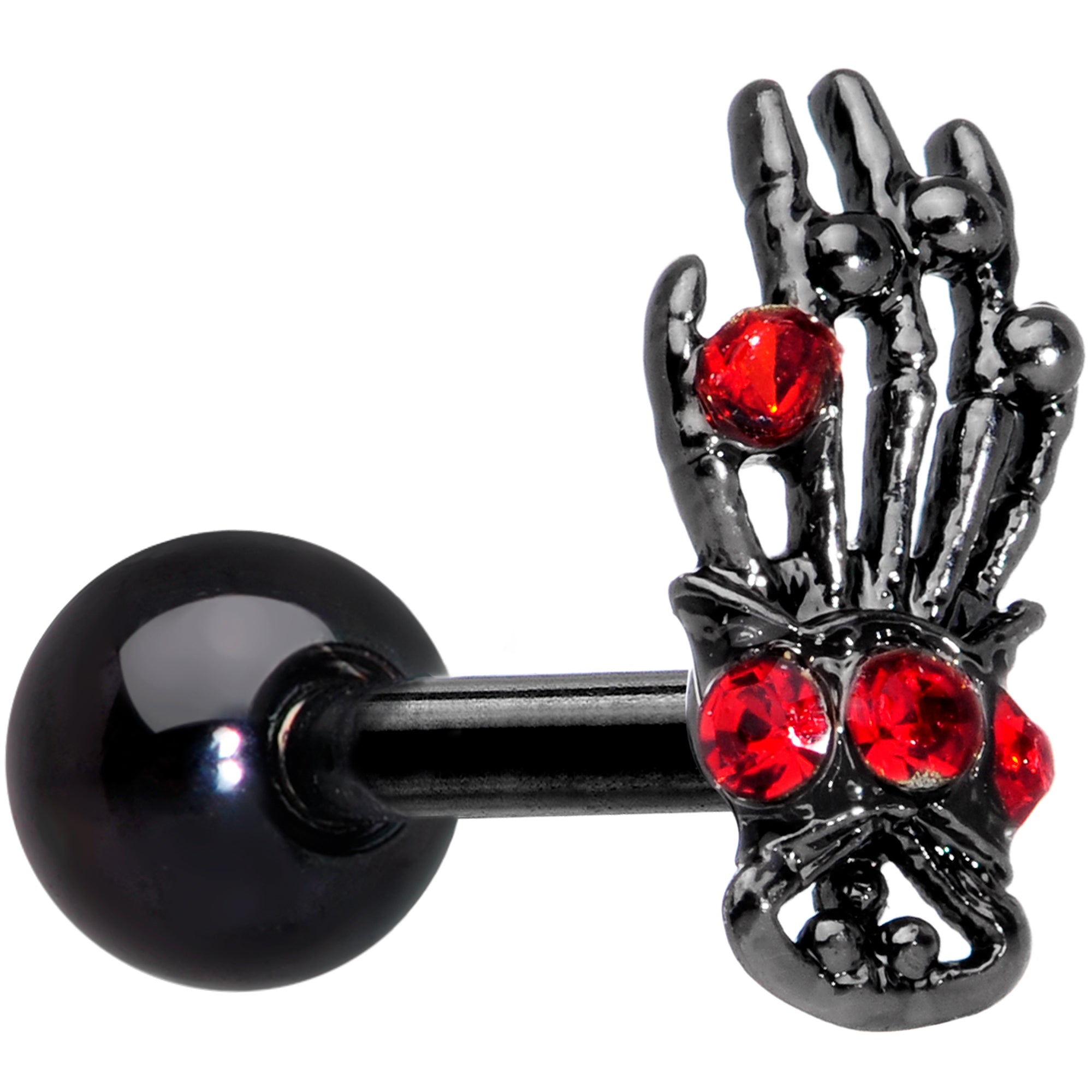 16G 1/4 Red Gem Black Skeleton Hand Halloween Cartilage Tragus