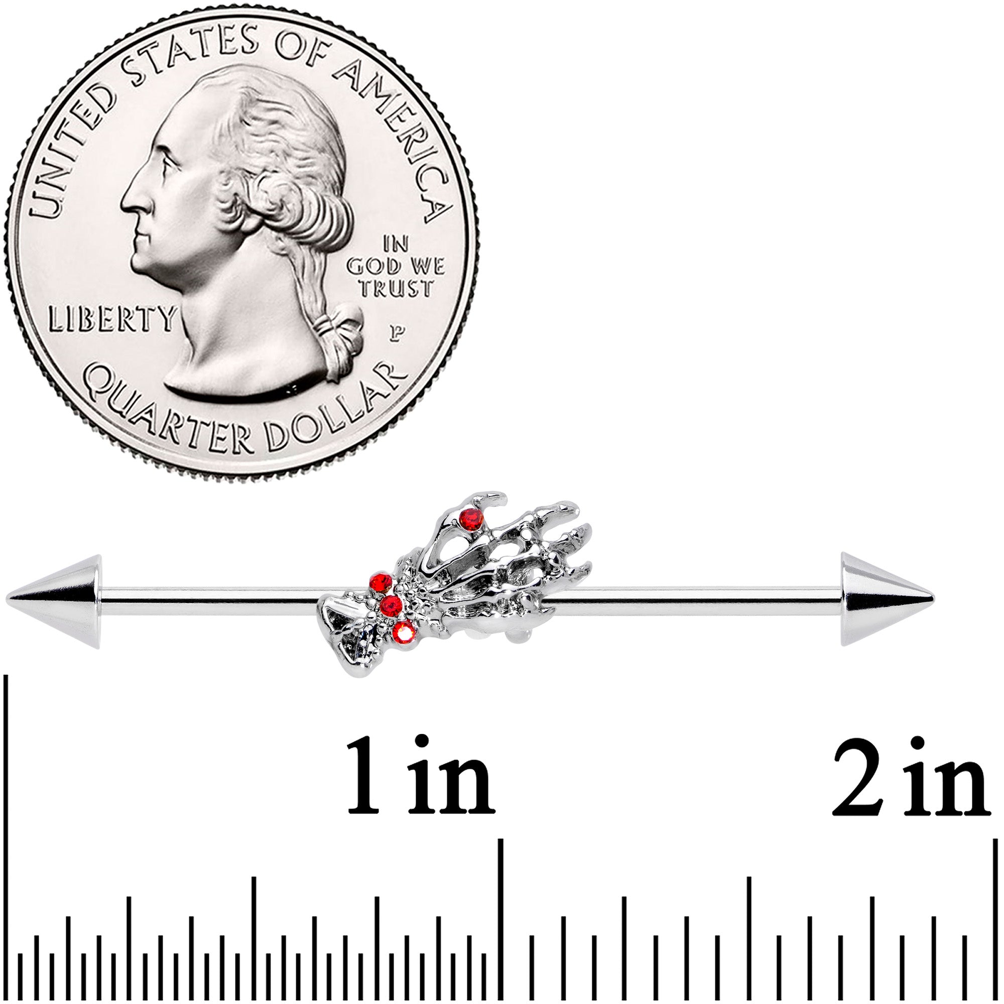 14G Red Gem Skeleton Hand Halloween Industrial Barbell 38mm
