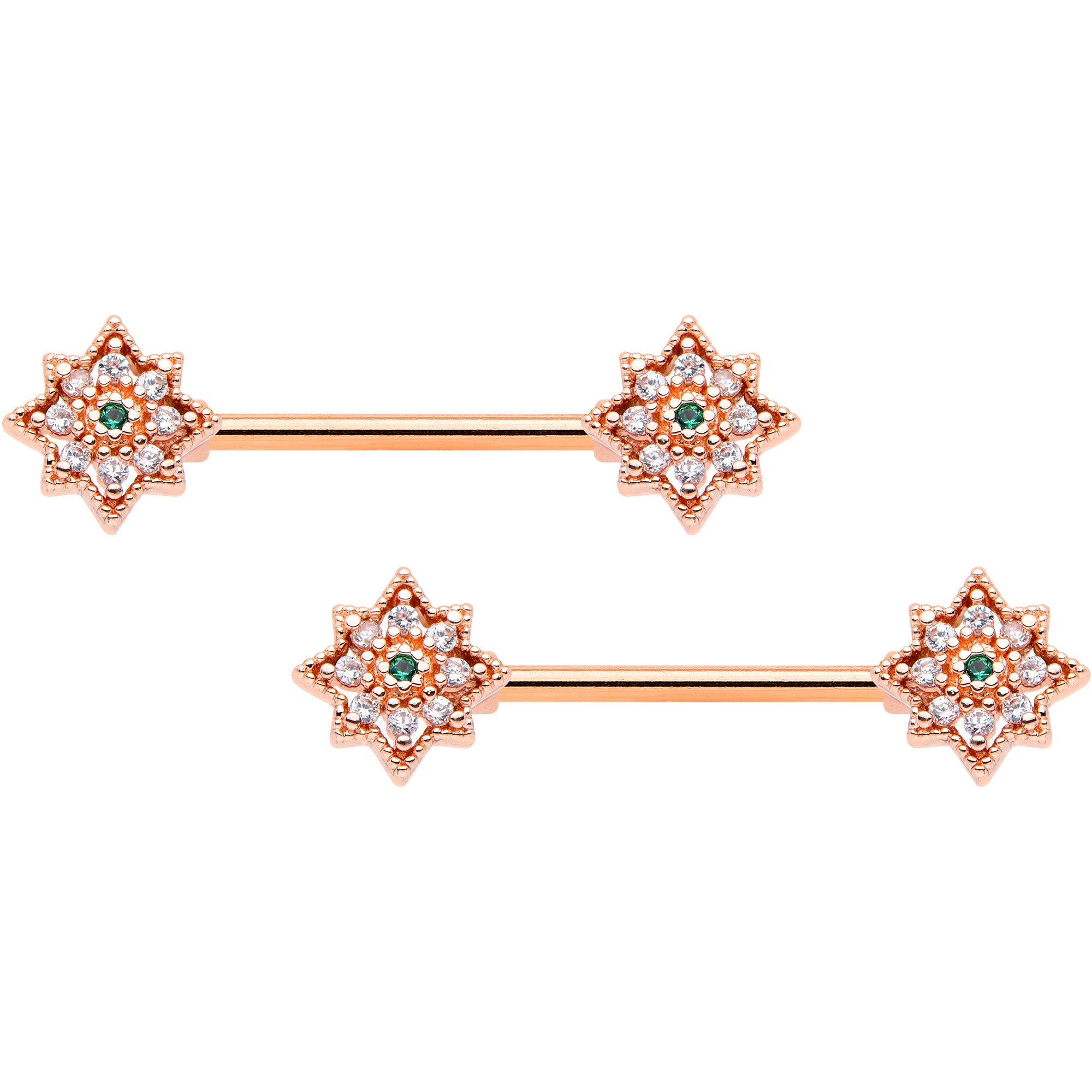 14G 9/16 Clear Gem Rose Gold Tone Evening Star Nipple Ring Set