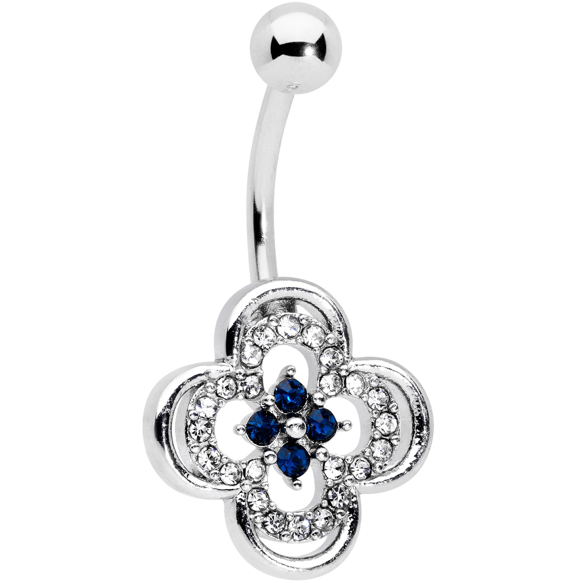 Clear Blue Gem Stylized Deco Cross Belly Ring