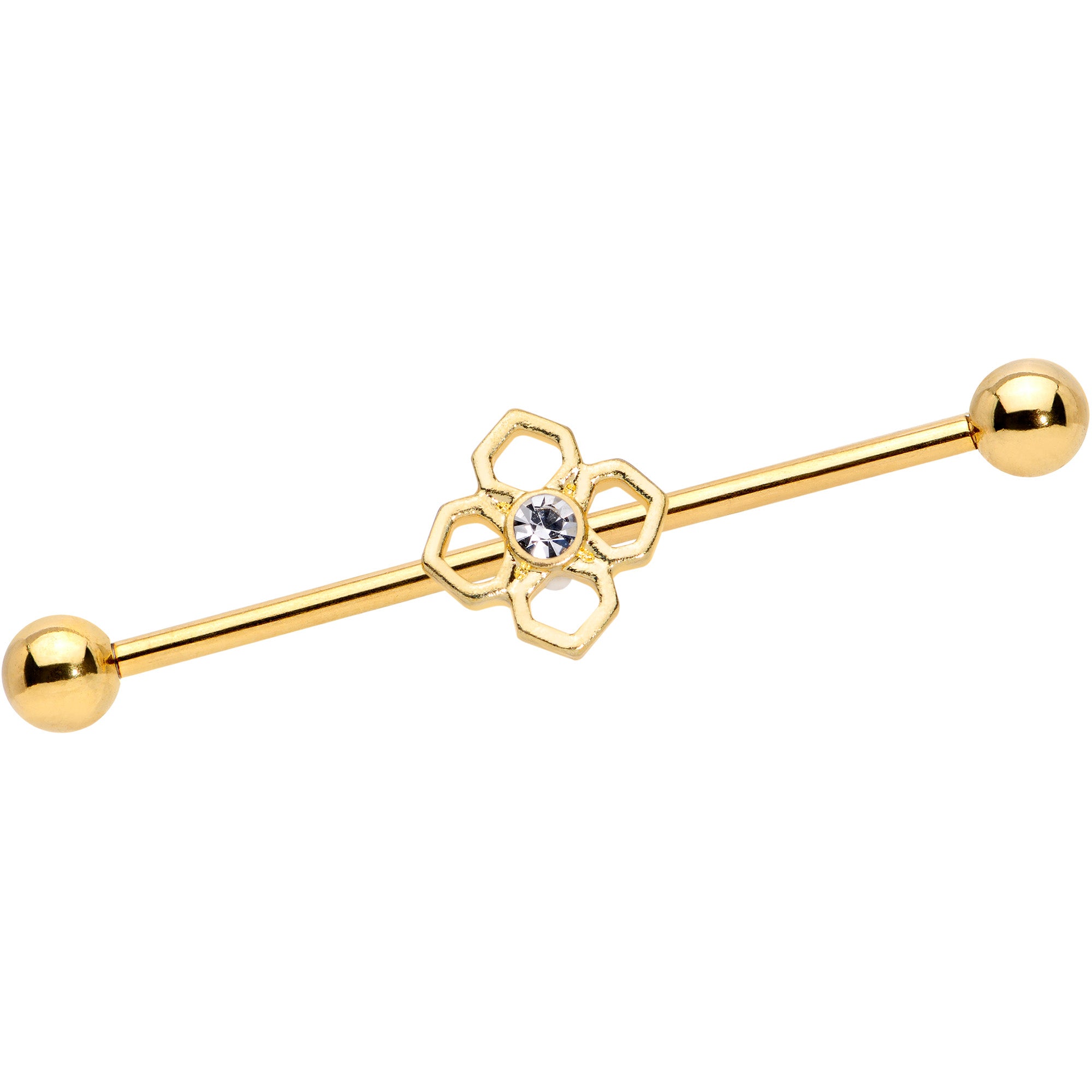 14G Clear Gem Gold Tone Open Cross Industrial Barbell 38mm