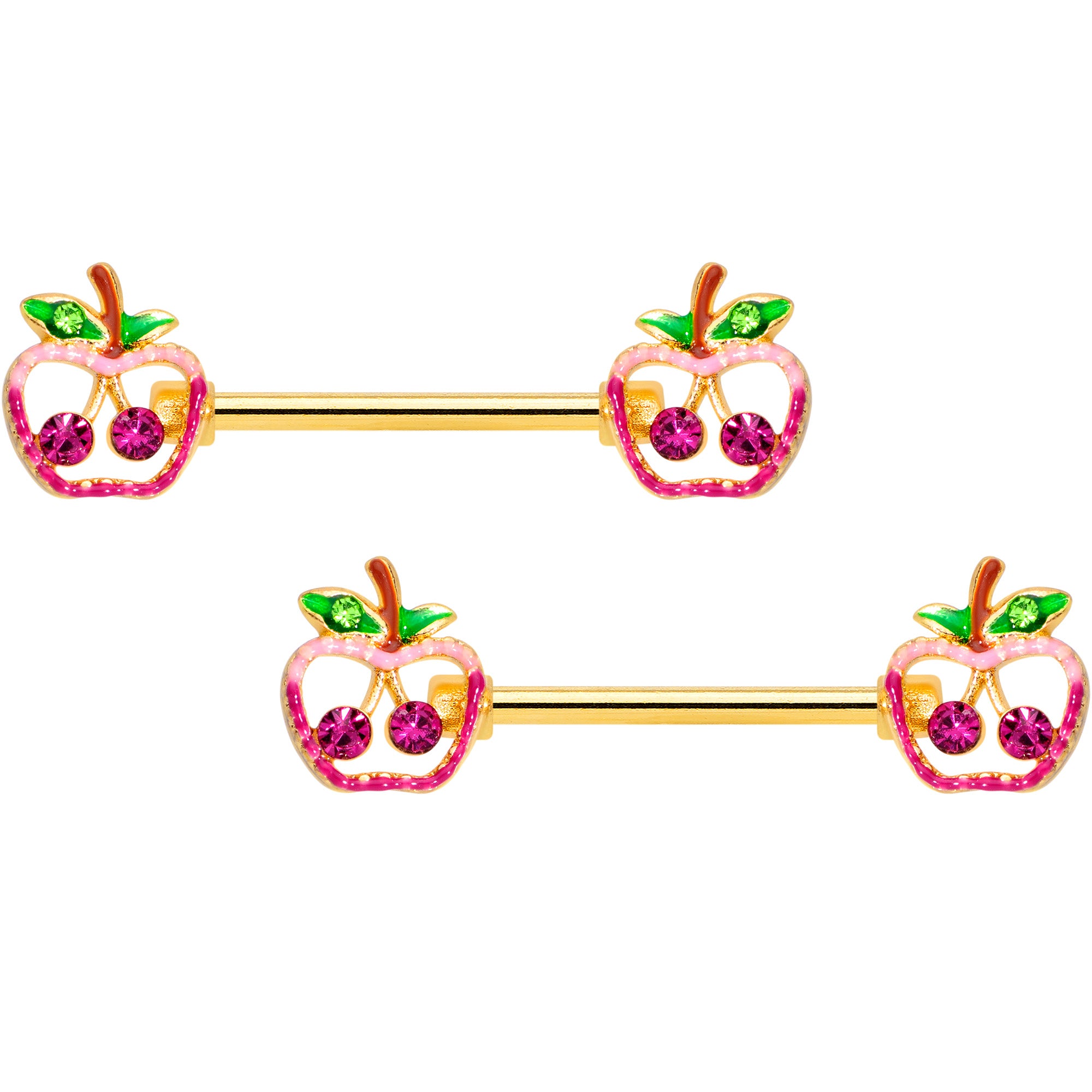 14G 5/8 Green Purple Gem Gold Tone Cherry Apple Nipple Ring Set