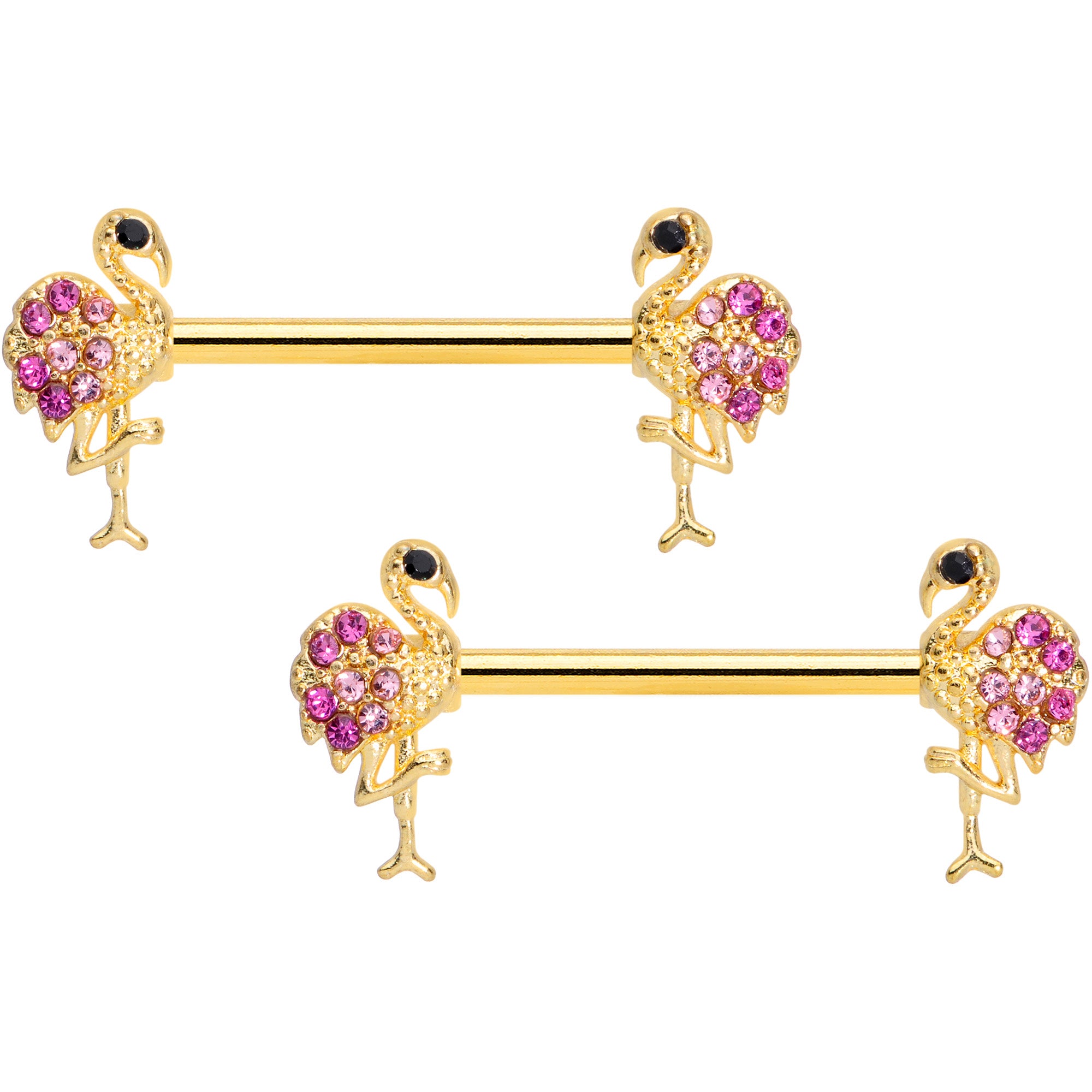 14G 9/16 Pink Gem Gold Tone Fashion Flamingo Nipple Ring Set