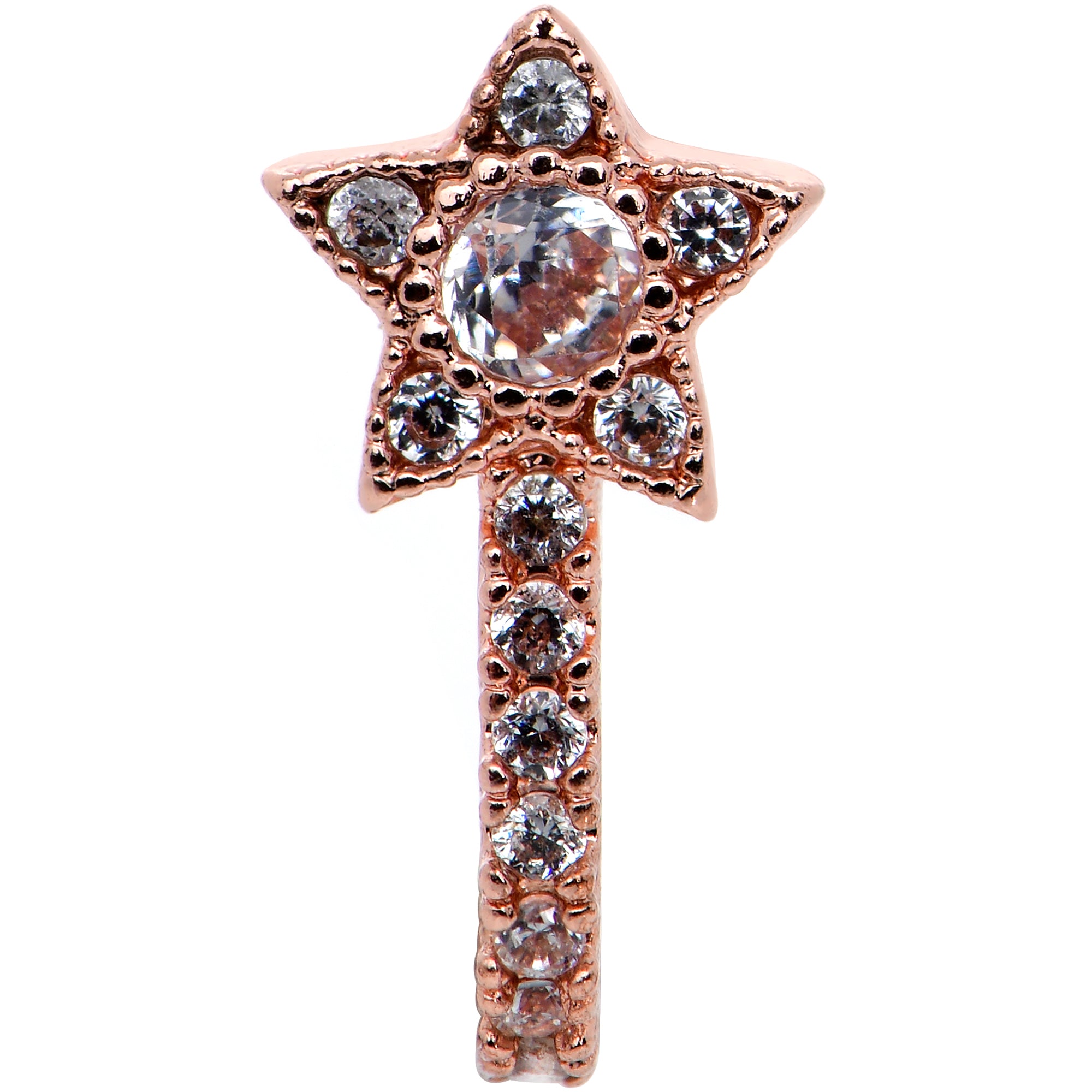 20G 7mm Clear Gem Rose Gold Hue Starry Faux Hoop L Shape Nose Ring