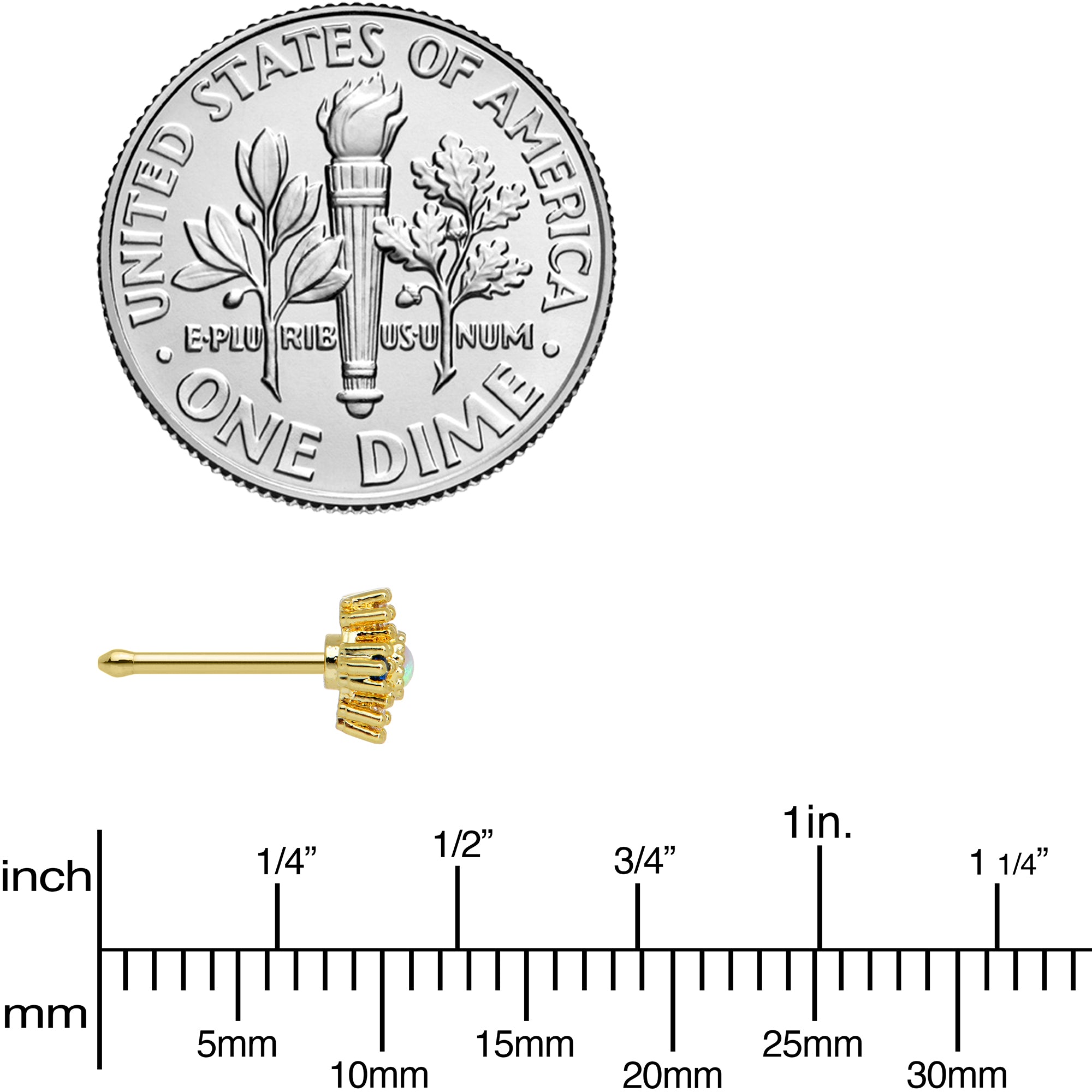 20G 1/4 White Synthetic Opal Gold Tone Ornate Texture Nose Bone