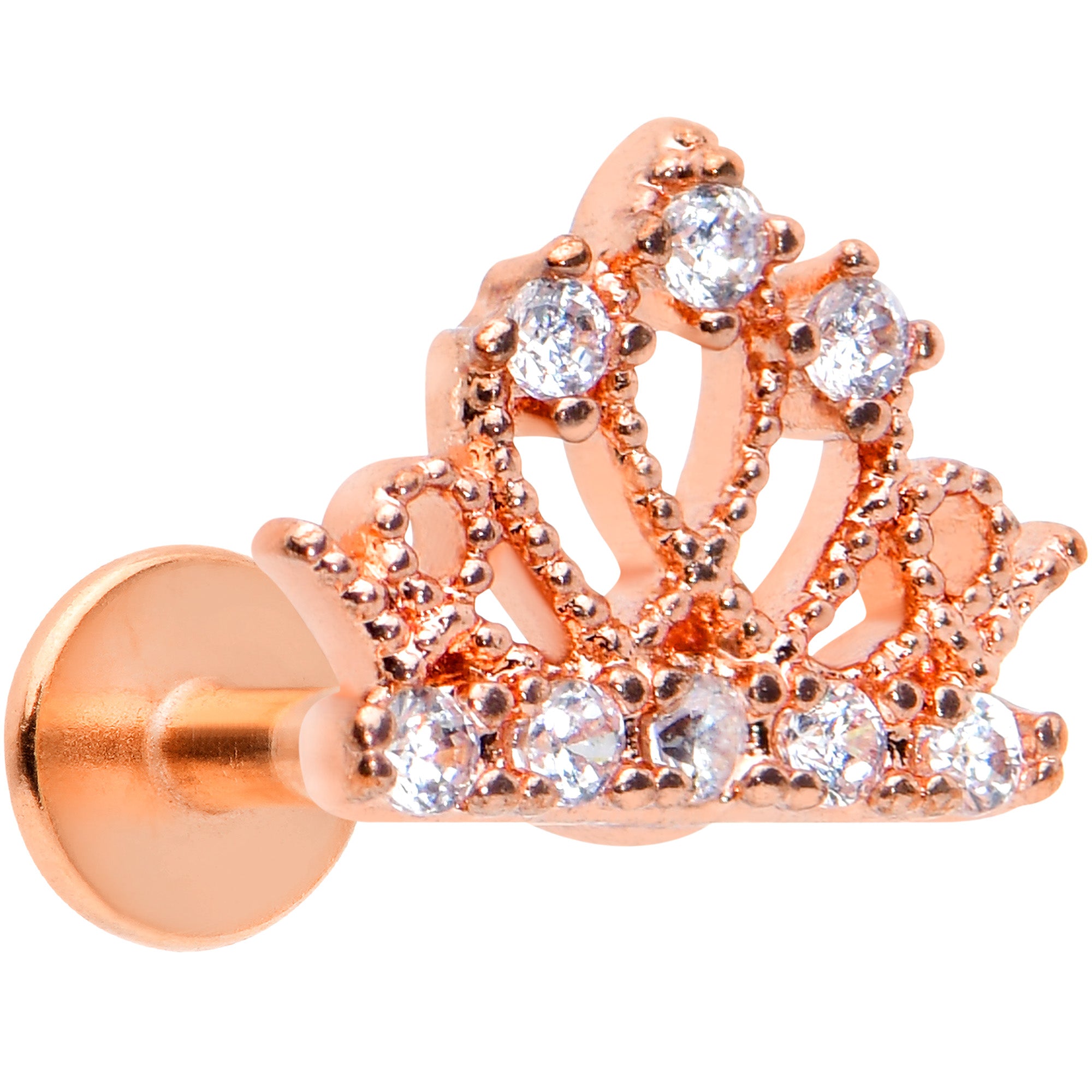 16G 1/4 Clear Gem Rose Gold Tone Royal Crown Labret Monroe Tragus