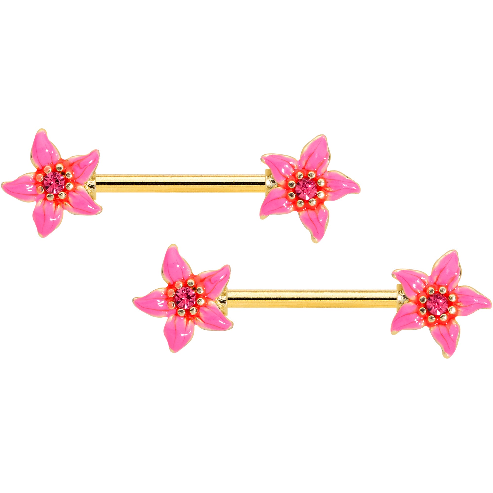 14G 9/16 Pink Gem Gold Tone Exotic Floral Star Nipple Ring Set