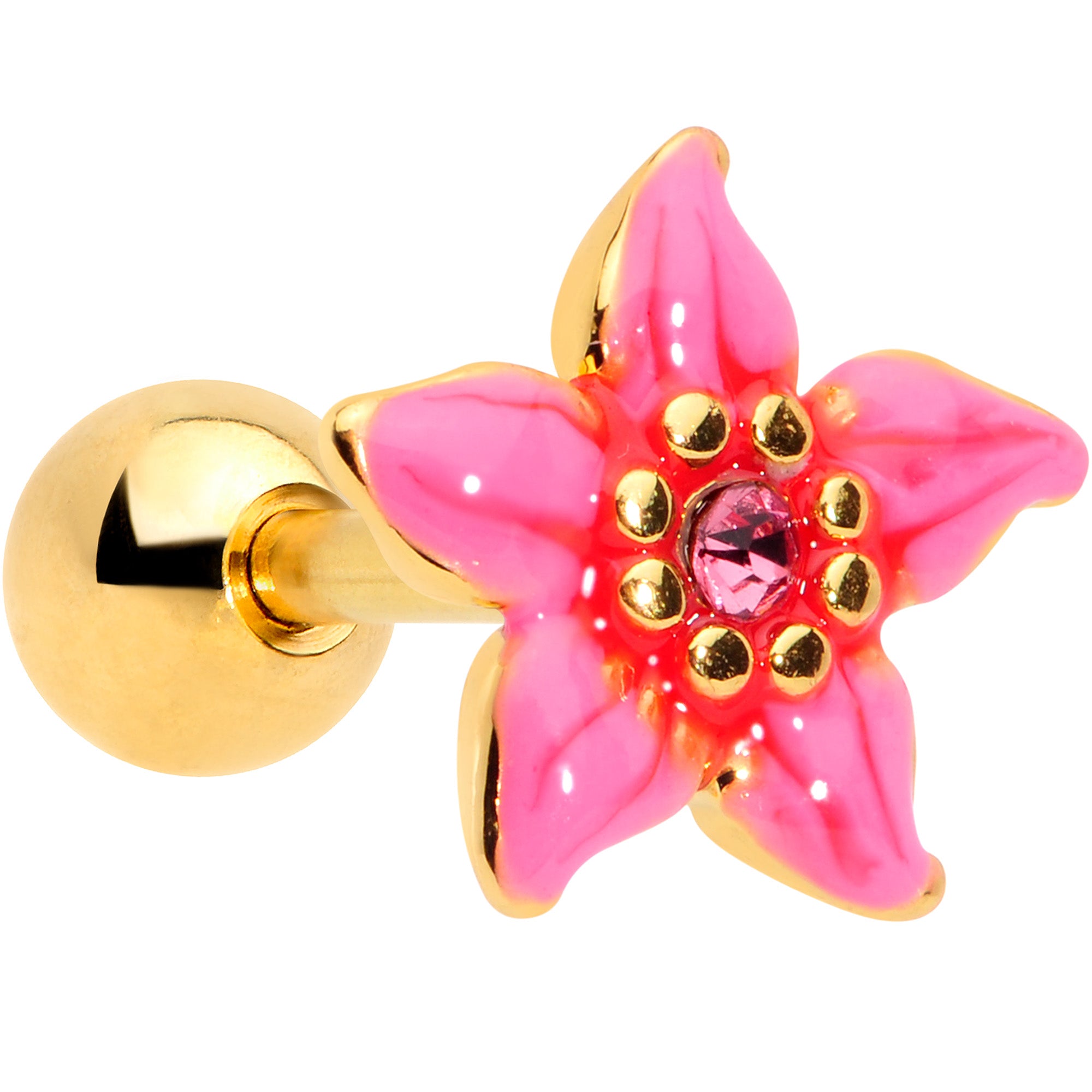 16G 1/4 Pink Gem Gold Tone Exotic Flower Cartilage Tragus