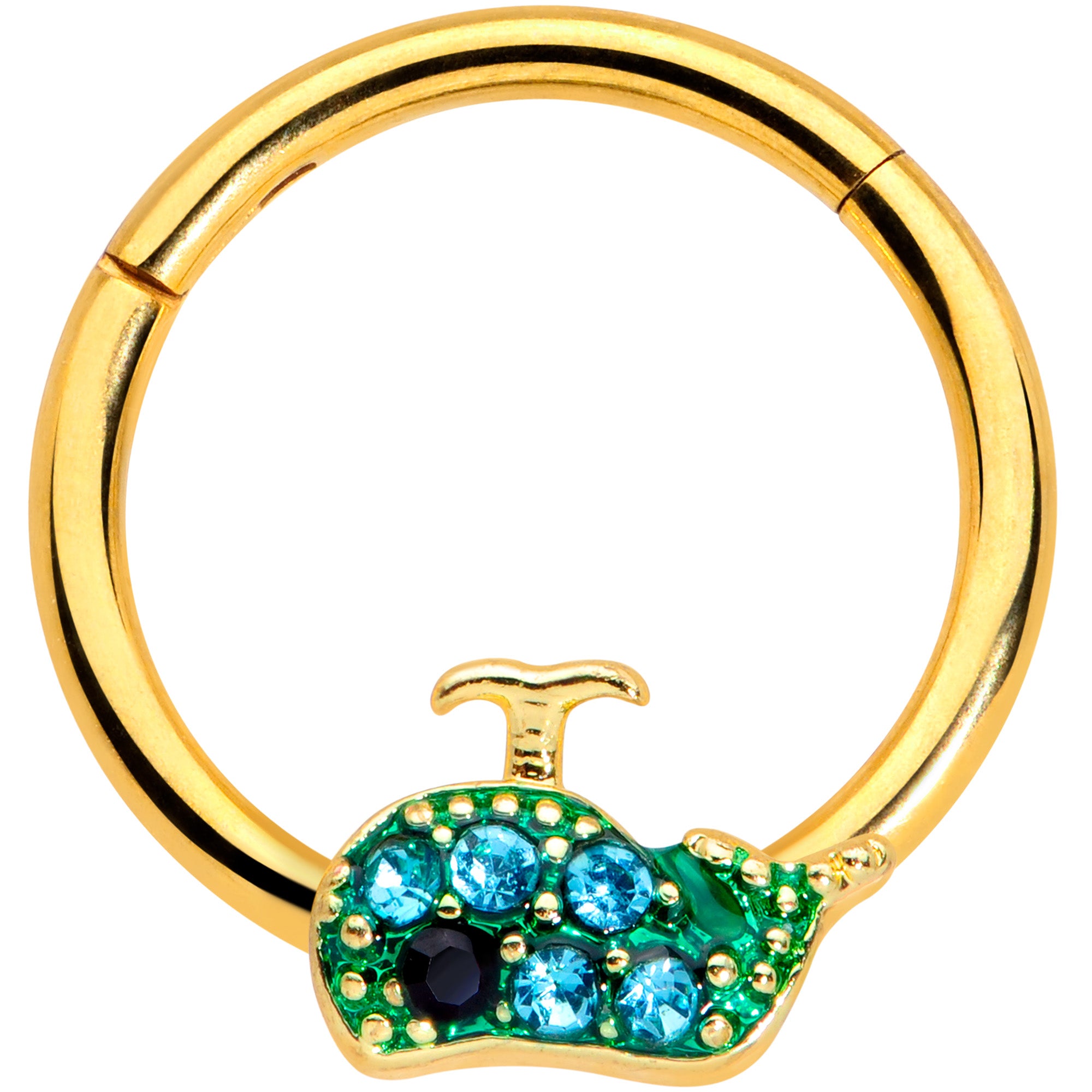 16G 3/8 Aqua Gem Gold Tone Water Whale Hinged Segment Ring