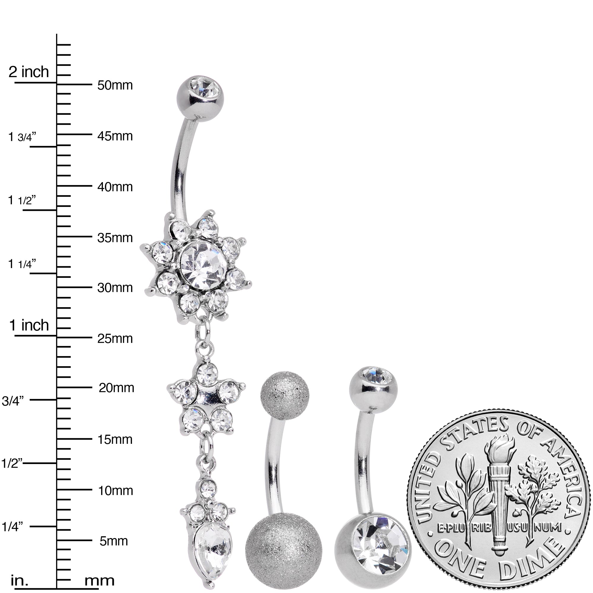 Clear Gem Flower Sandblasted Dangle Belly Ring Set of 3