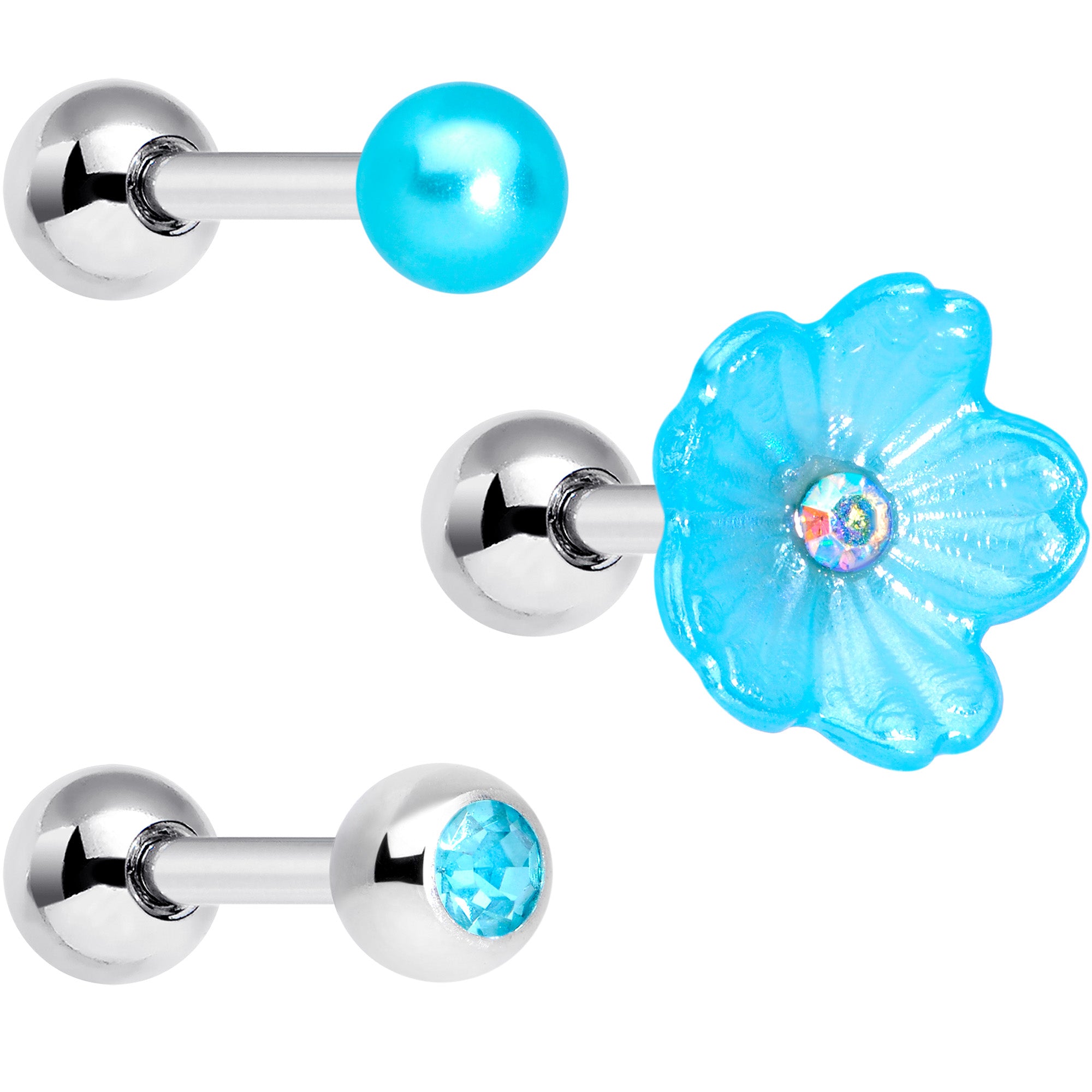 16G 1/4 Aqua Aurora Gem Flower Cartilage Tragus Earring Set of 3