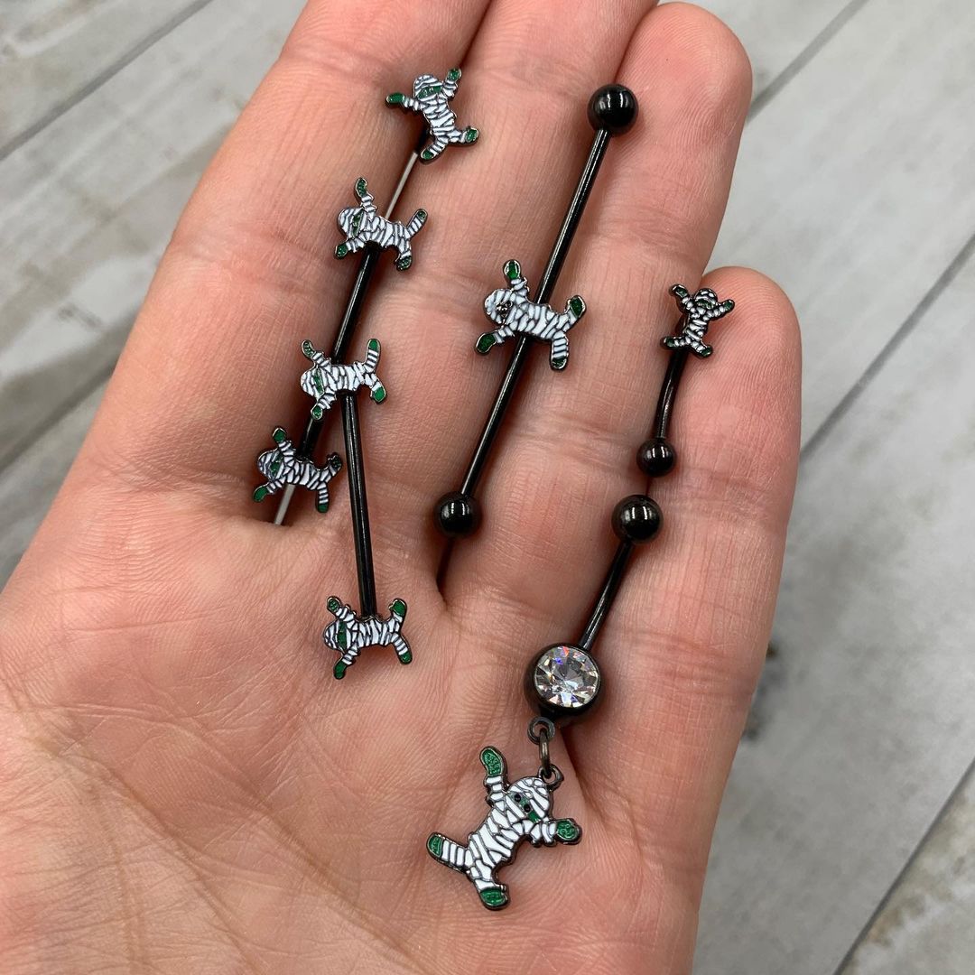 14G 5/8 Black Green Mummy Halloween Barbell Nipple Ring Set