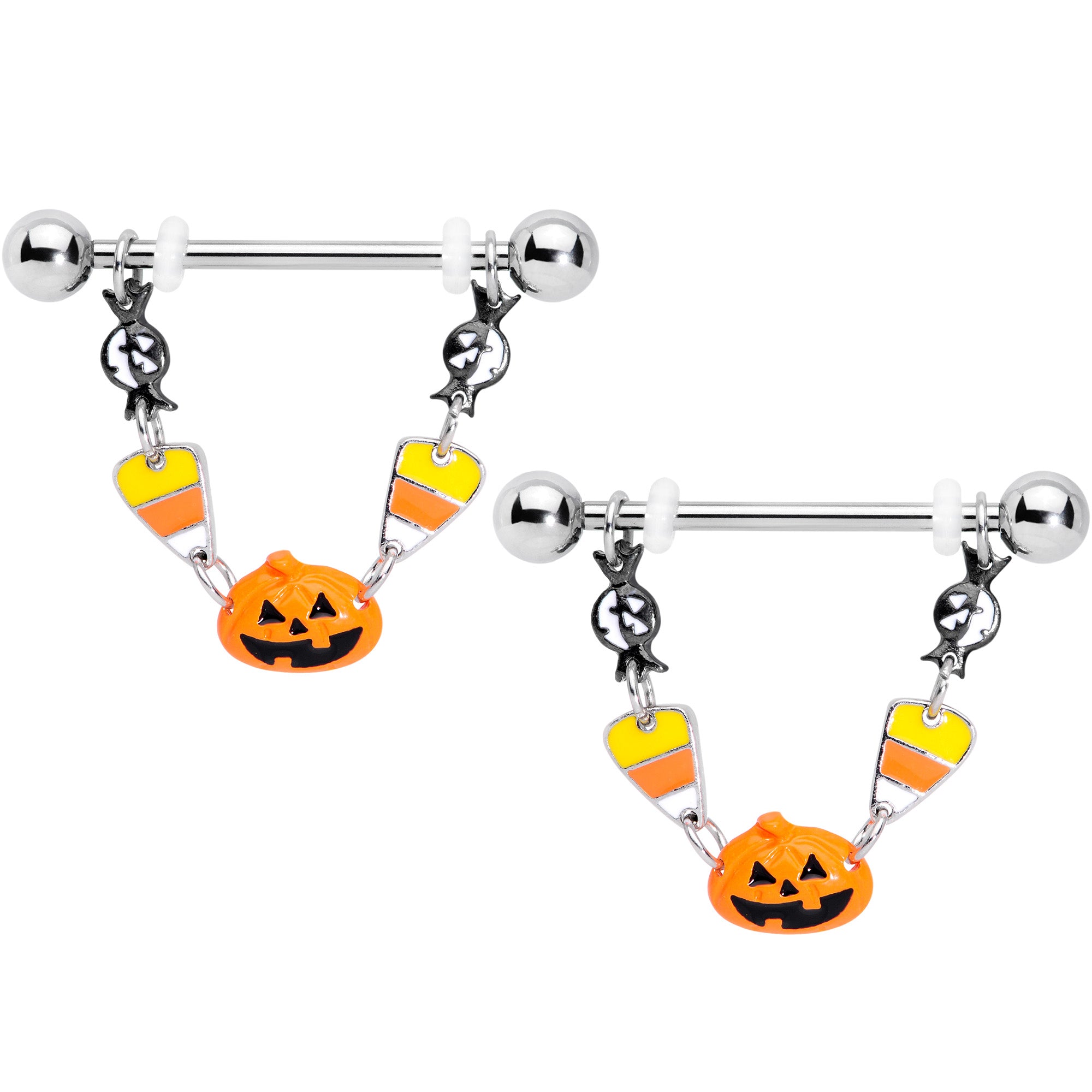 14G 13/16 Candy Corn Pumpkin Halloween Dangle Nipple Ring Set
