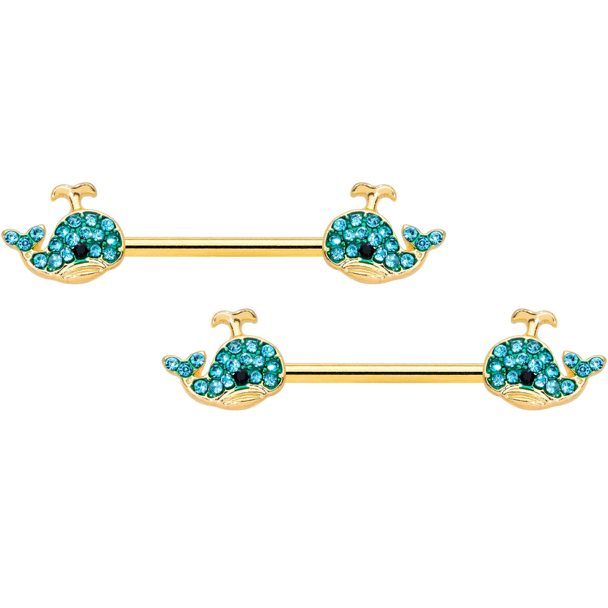 14G 9/16 Aqua Gem Gold Tone Blue Whale Nipple Ring Set