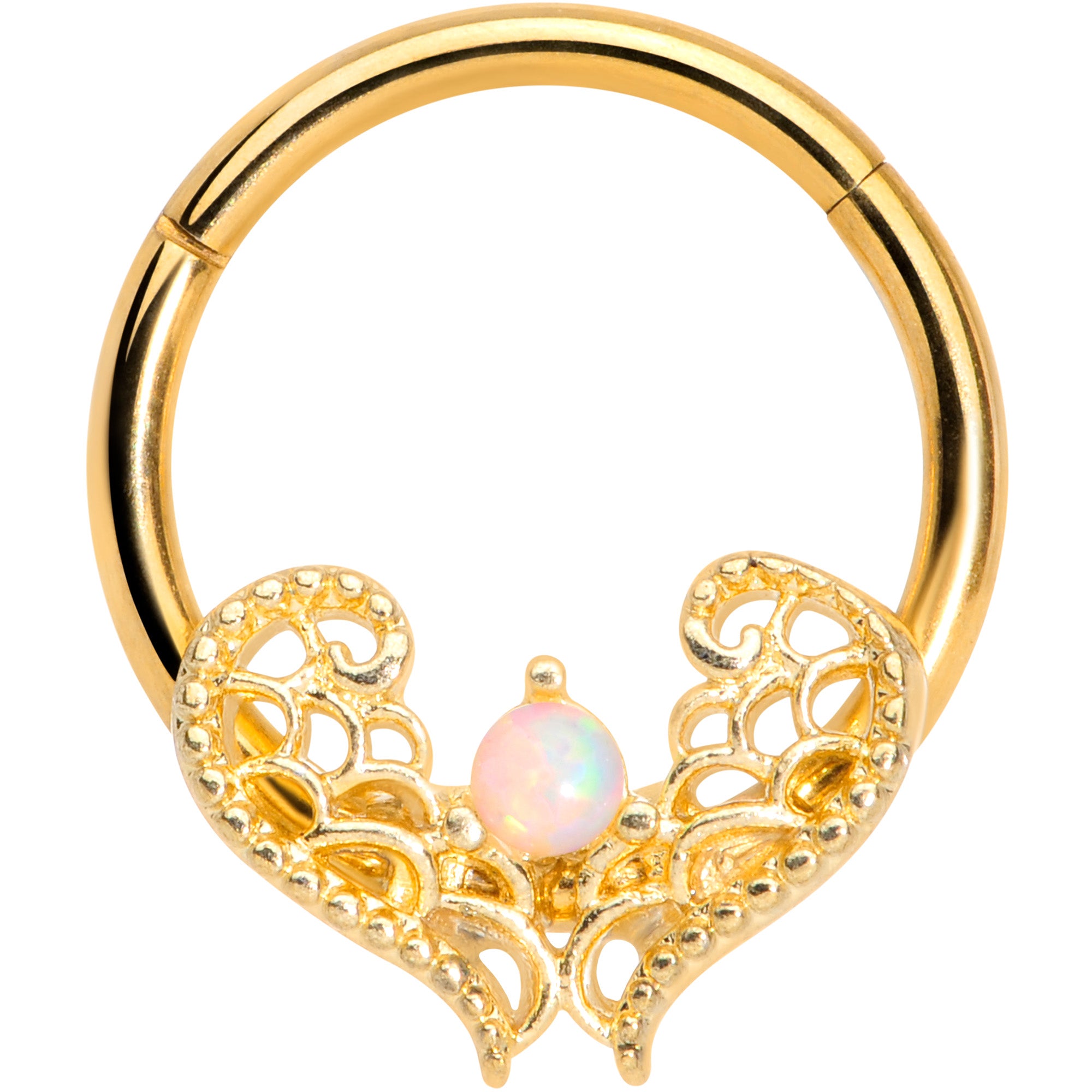 16G 3/8 White Synth Opal Gold Tone Lace Heart Hinged Segment Ring