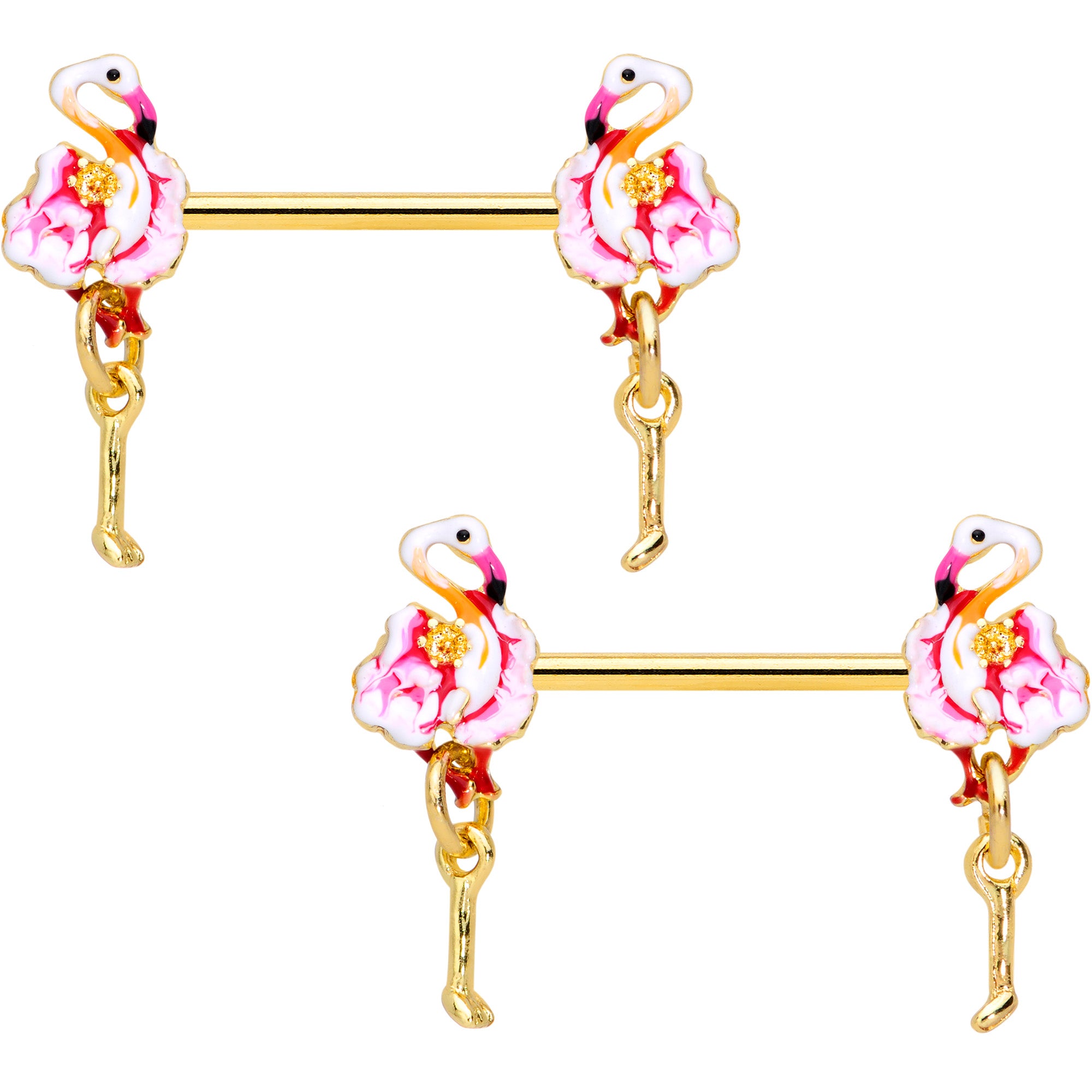 14G 9/16 Gold Tone Pink Flamingo Dangle Barbell Nipple Ring Set