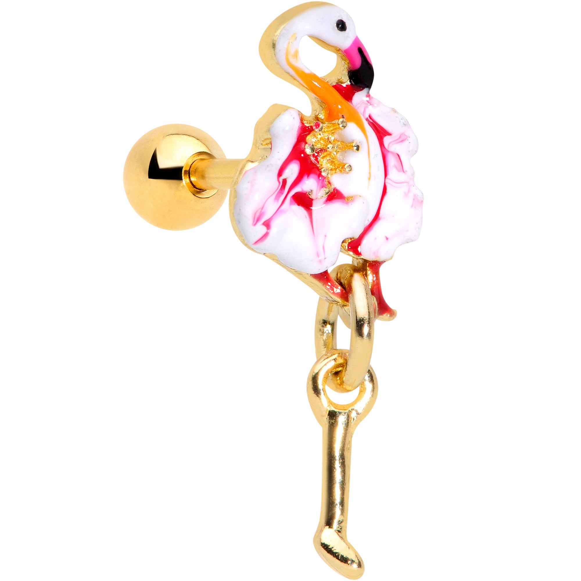 16G 1/4 Gold Tone Pink Flamingo Dangle Cartilage Tragus Earring