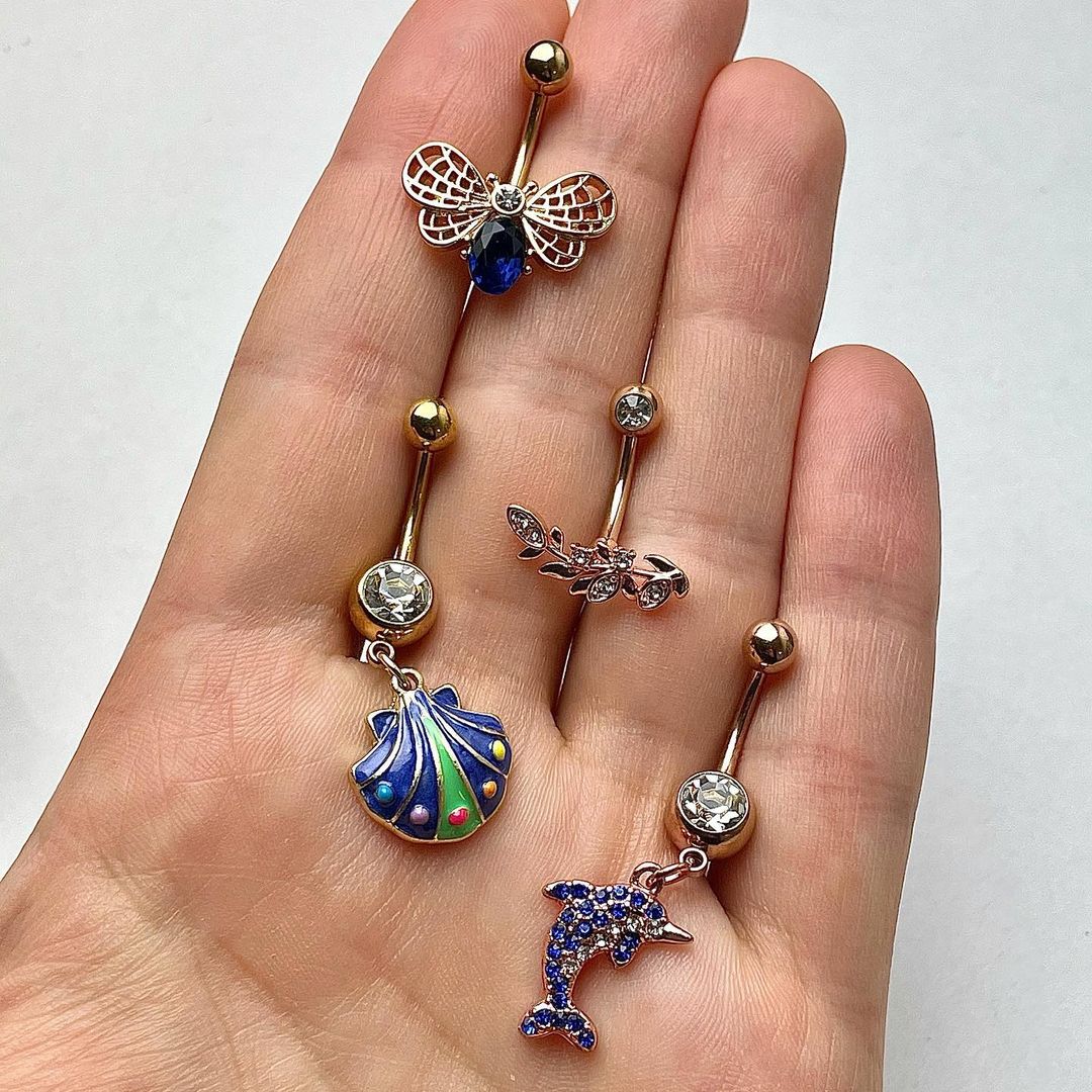 Clear Blue Gem Rose Gold Tone Dolphin Dangle Belly Ring