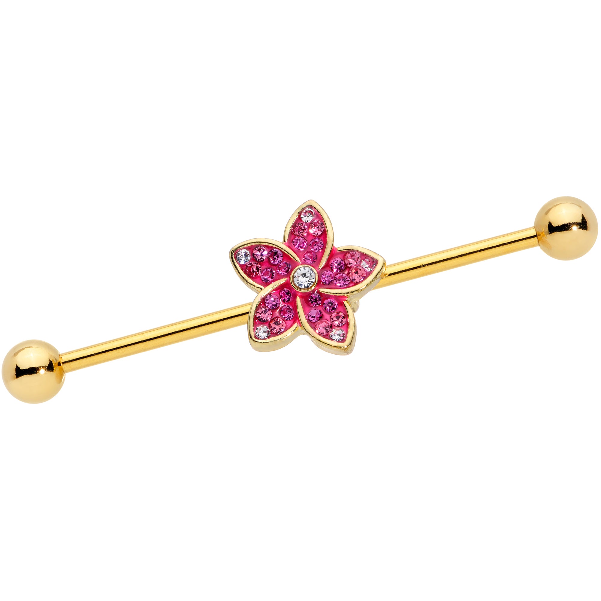 14G Clear Purple Gem Gold Tone Flower Industrial Barbell 38mm